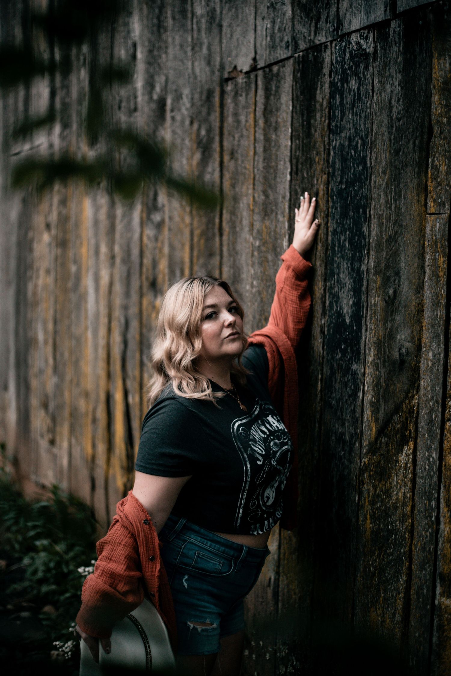 Artistic portrait sequence showing person leaning against rustic wooden fence in moody lighting.