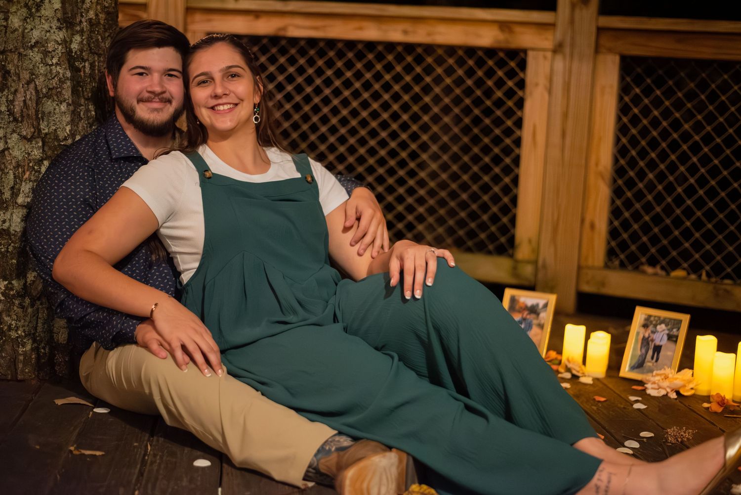 Cozy outdoor couples photos with warm lighting and casual attire.