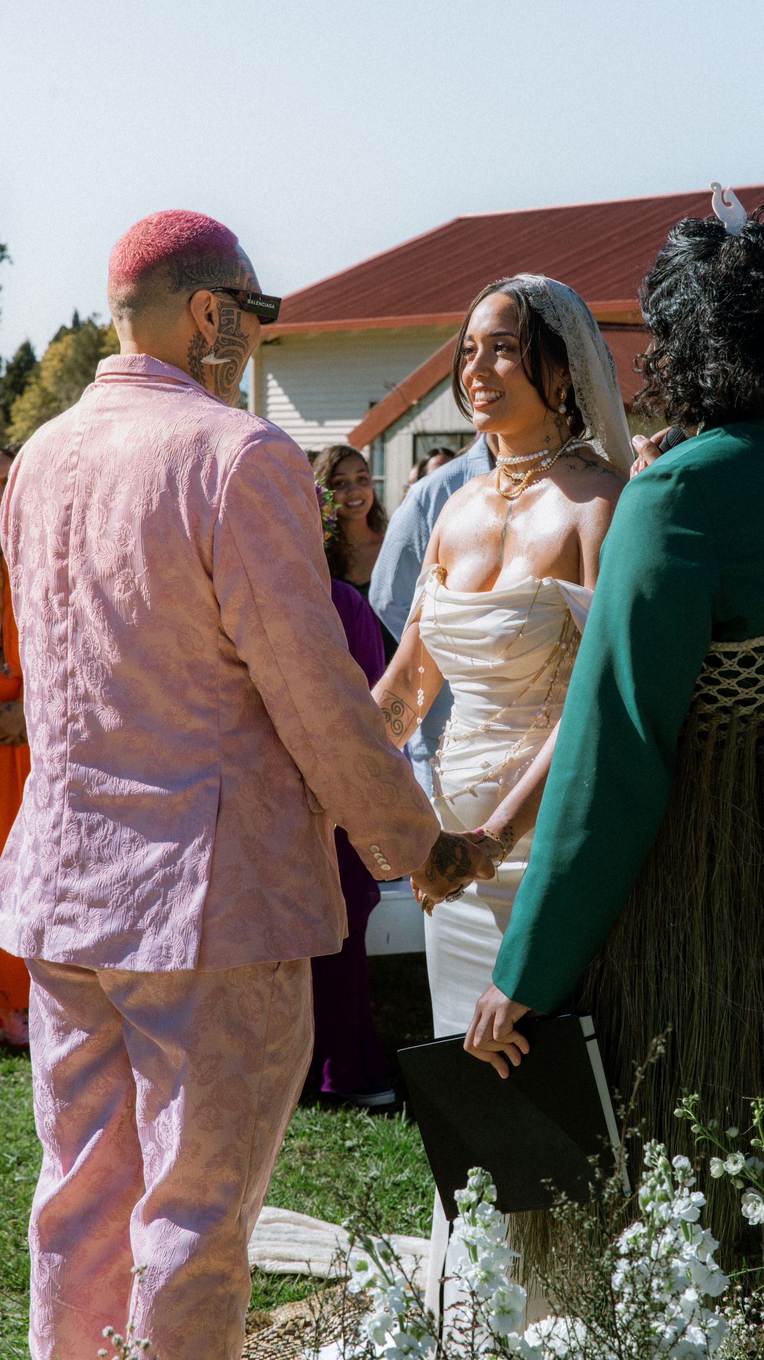 A sequence of wedding reception photos showing guests dancing and celebrating outdoors in a backyard setting.