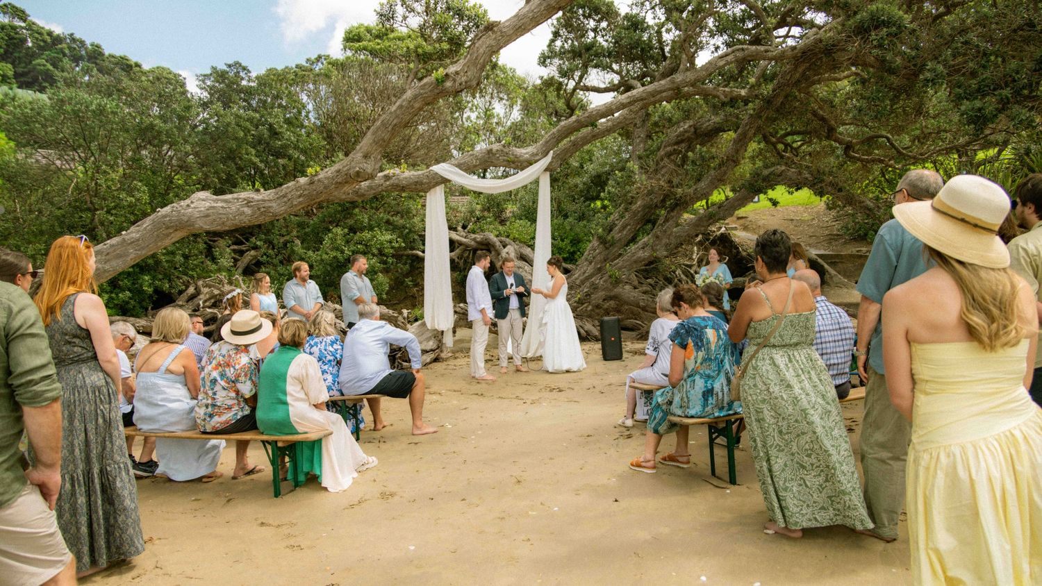 Outdoor beach wedding ceremony under a white arch with guests seated on wooden benches surrounded by lush green trees.
