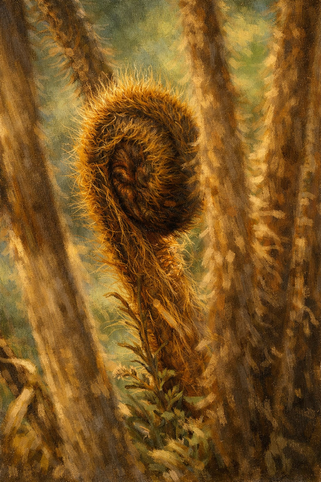A curled fern frond backlit by golden sunlight in a forest setting creates a magical natural spiral pattern.