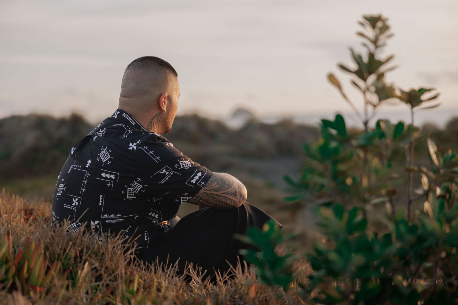 Person in patterned black shirt sits alone in grassy field at sunset with plants in foreground.