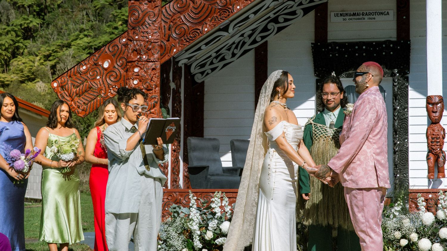 A collage of wedding ceremony and reception moments showing guests celebrating and dancing at an outdoor venue.