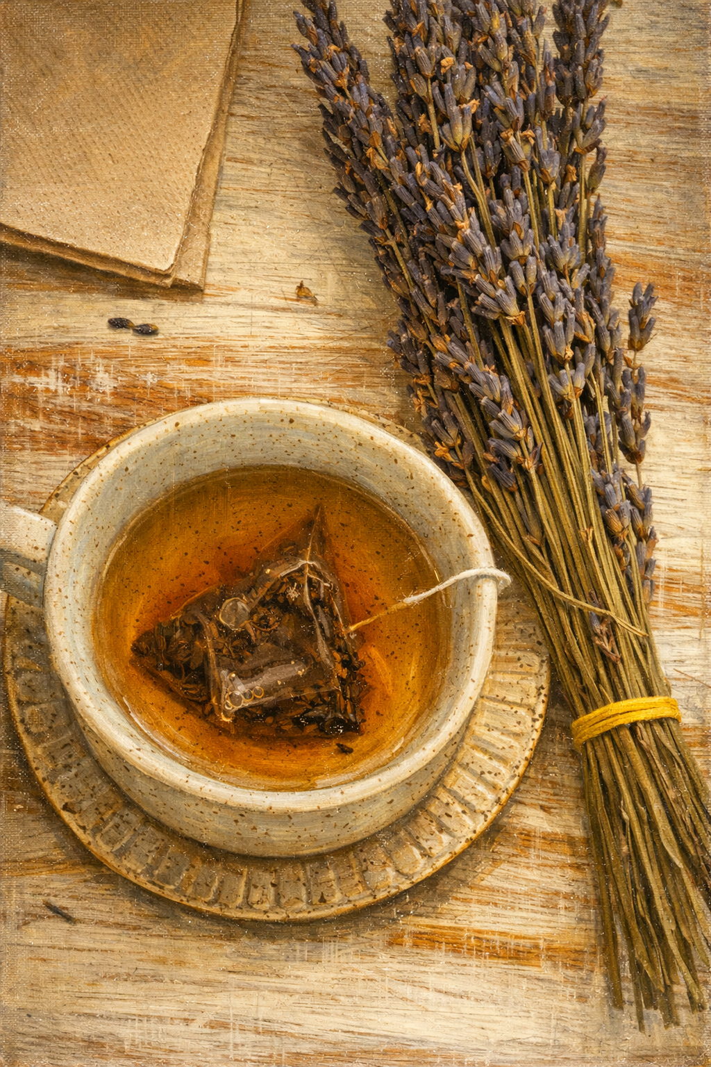Dried lavender bundles beside a rustic ceramic bowl on wooden surface.