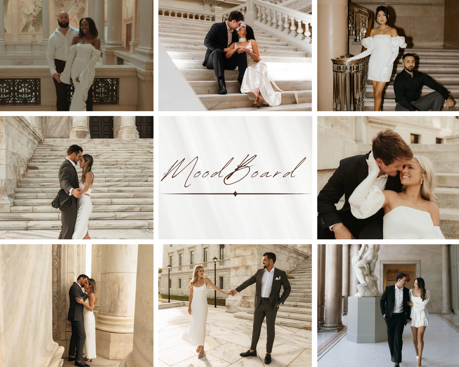 A romantic wedding photo session captured in an elegant marble staircase setting with classic architectural details.