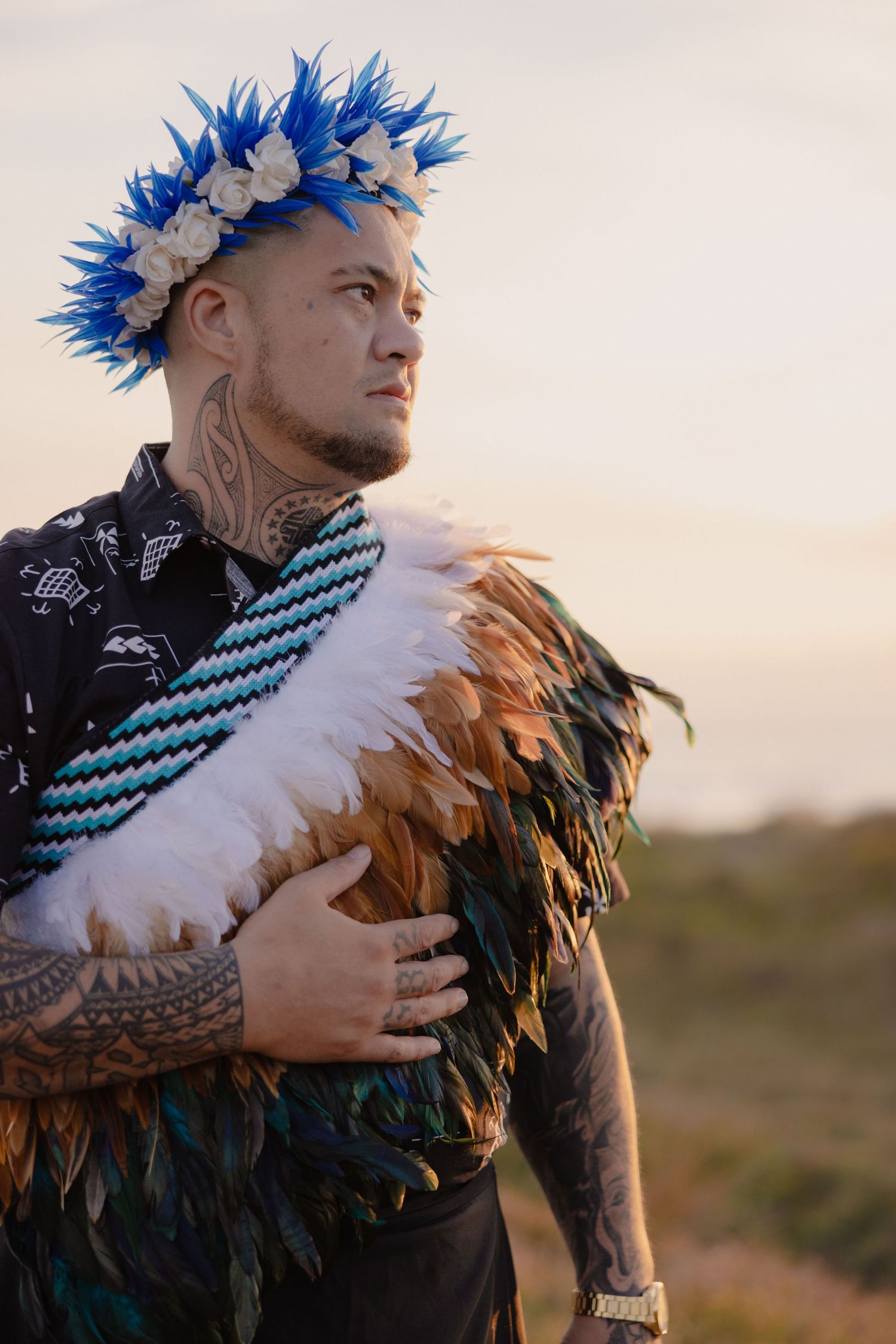 A series of artistic portraits featuring blue spiked hair and feathered shoulders against a sunset backdrop.