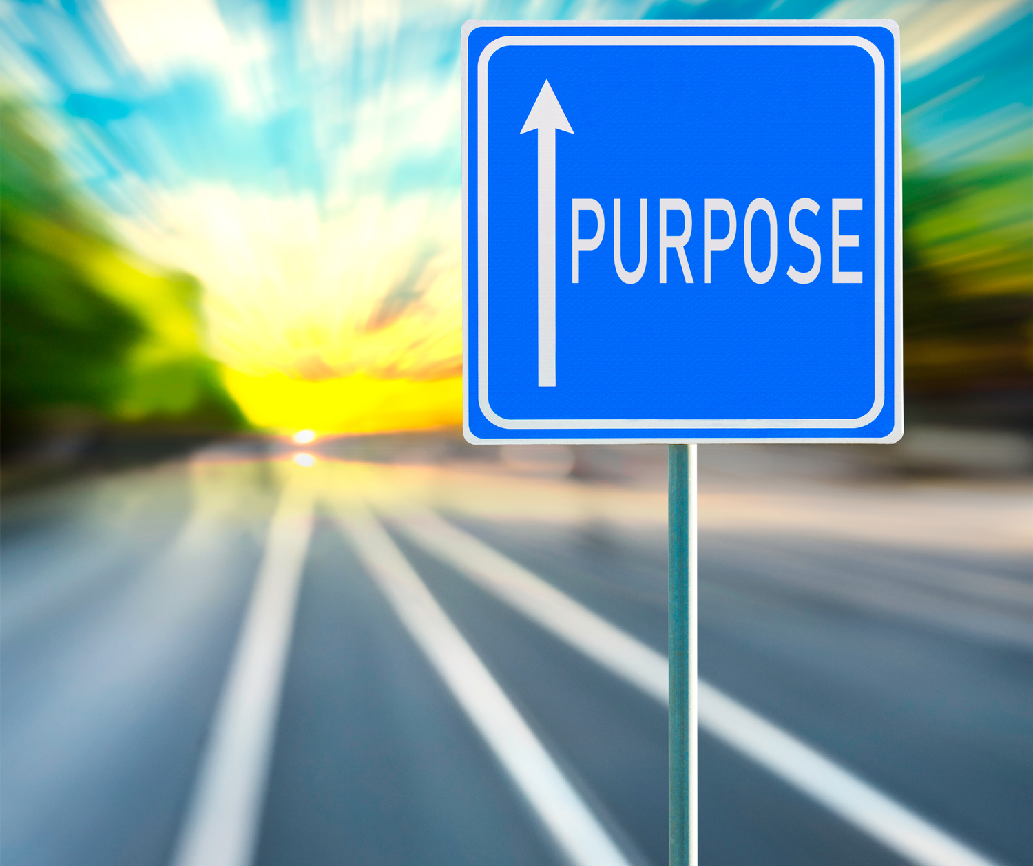 Bright blue road sign with the word purpose, white arrow pointing upward against blurred highway background.