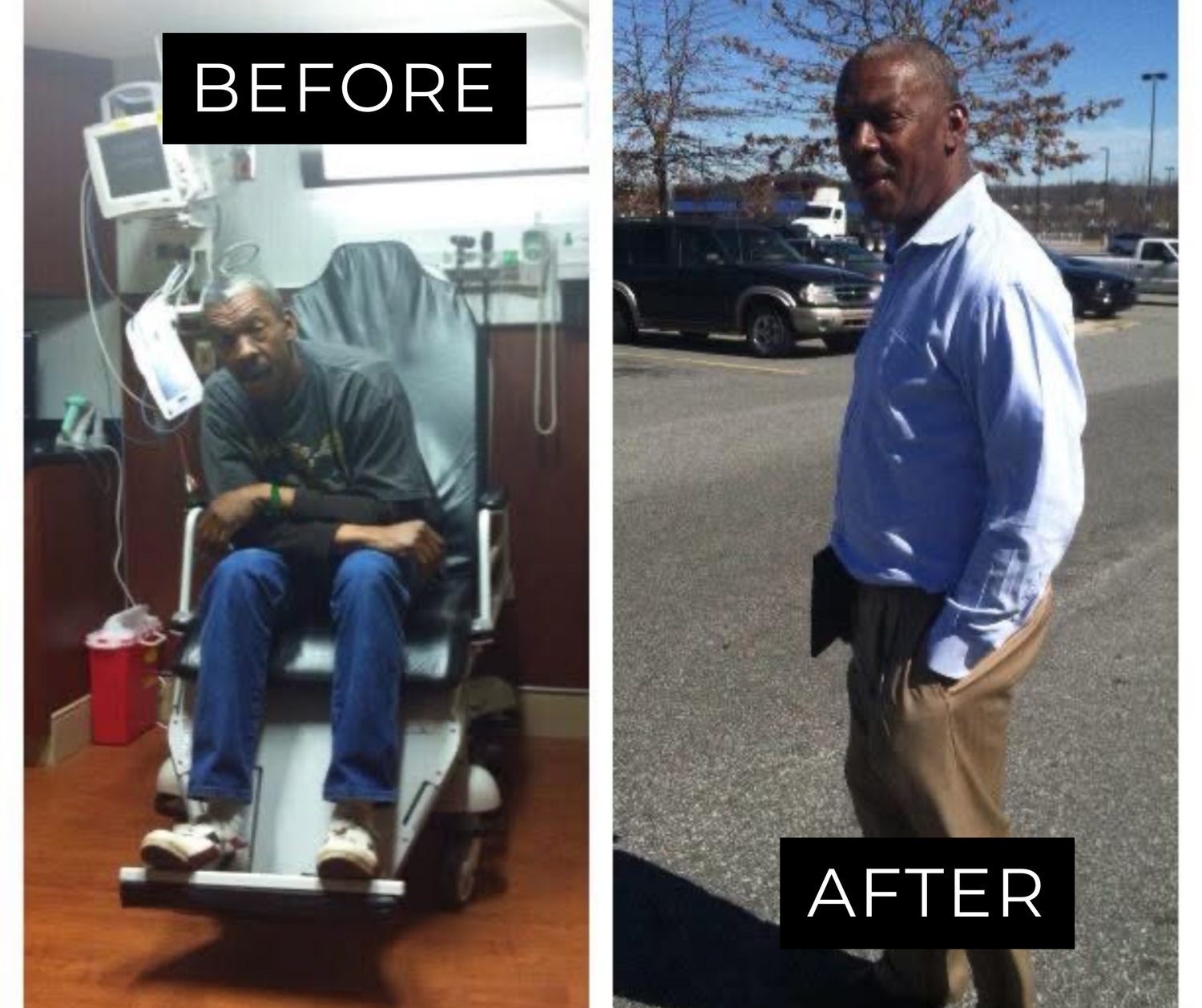 A client of Thrive living services. A photo showing a before and after, who was chronic homeless and change his life.