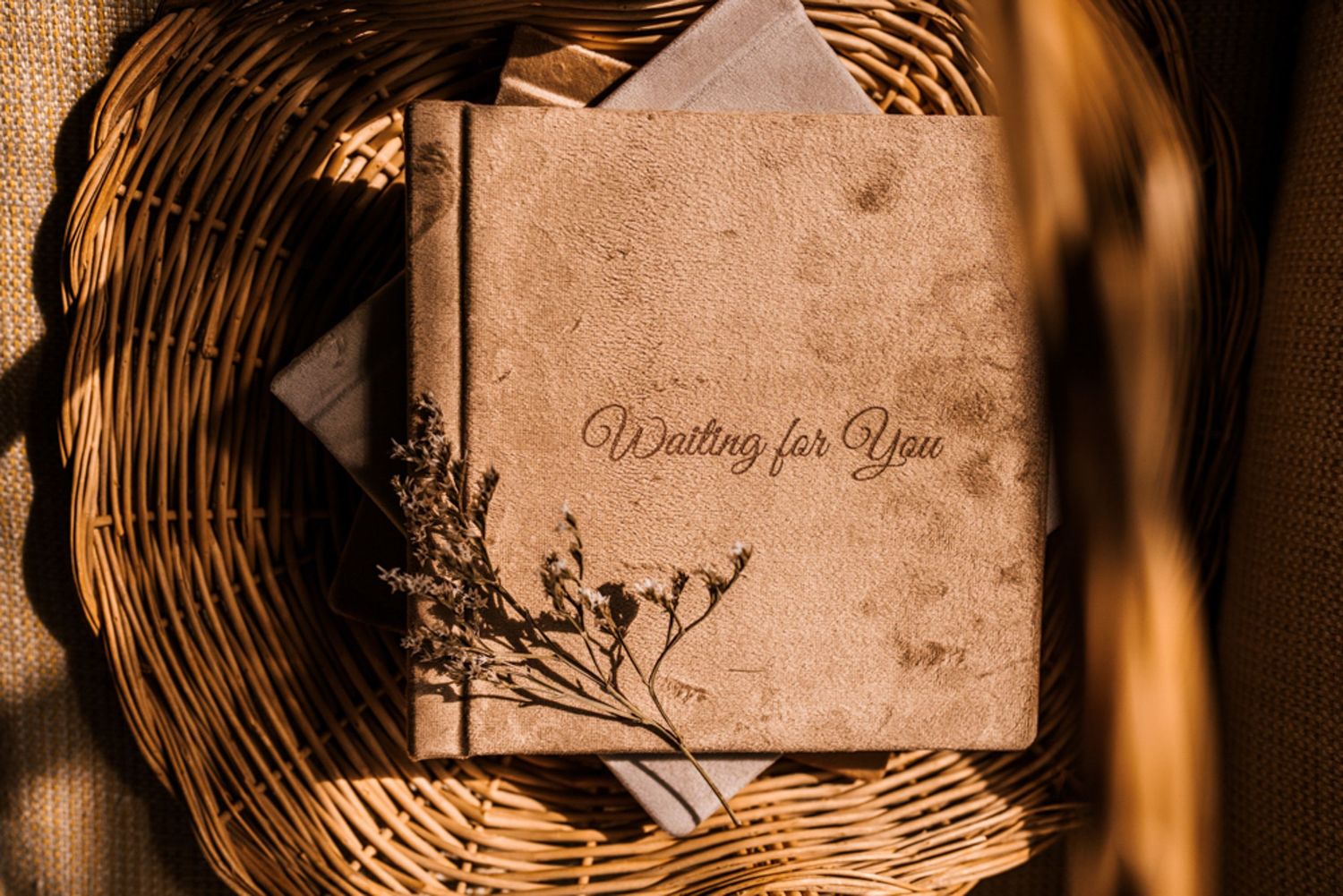 Vintage-style photo album with decorative text on rustic wooden background.