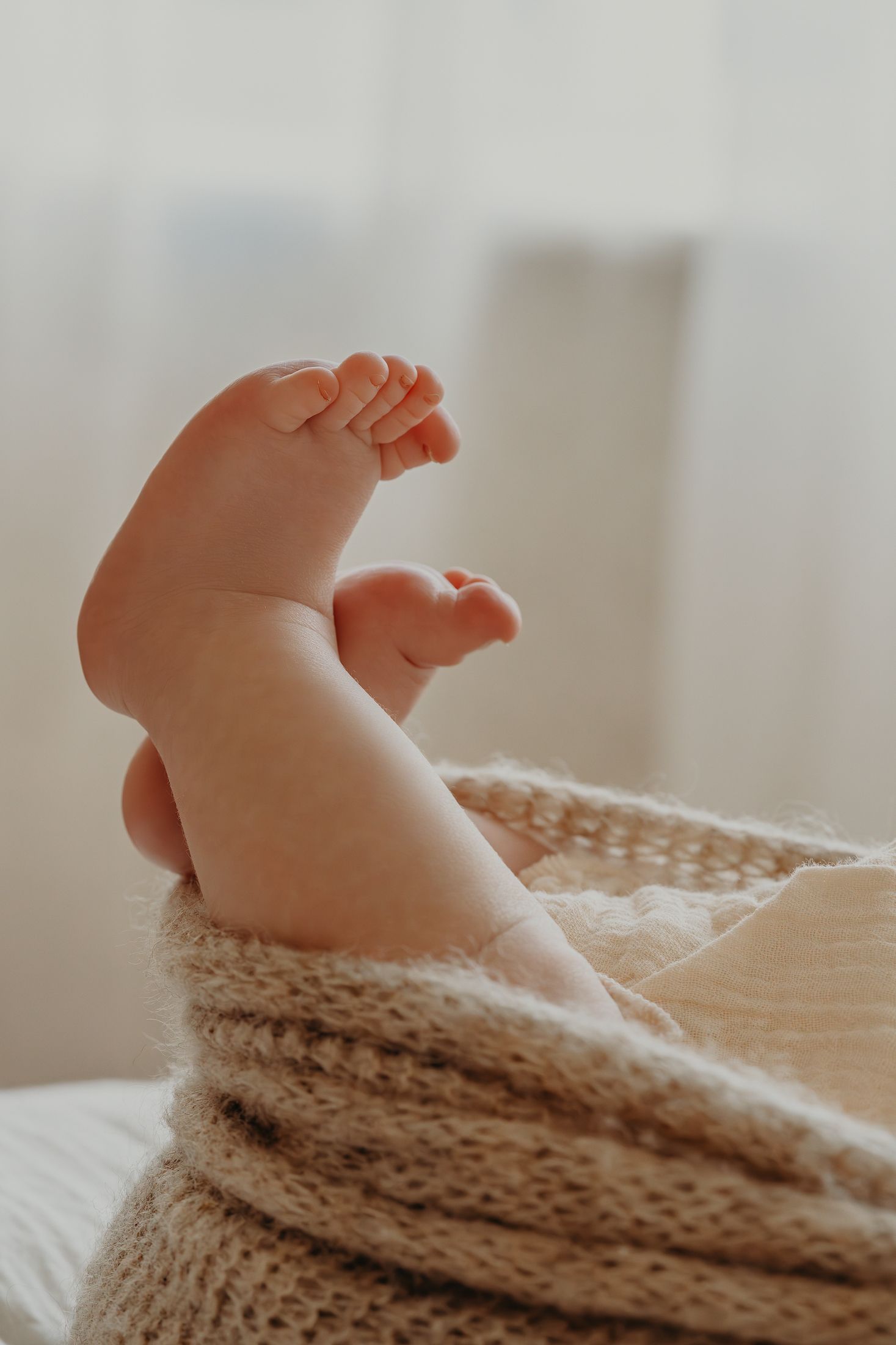 Close-up of tiny baby feet wrapped in a cozy knit blanket in soft natural lighting, macro photography, natural newborn session dublin.
