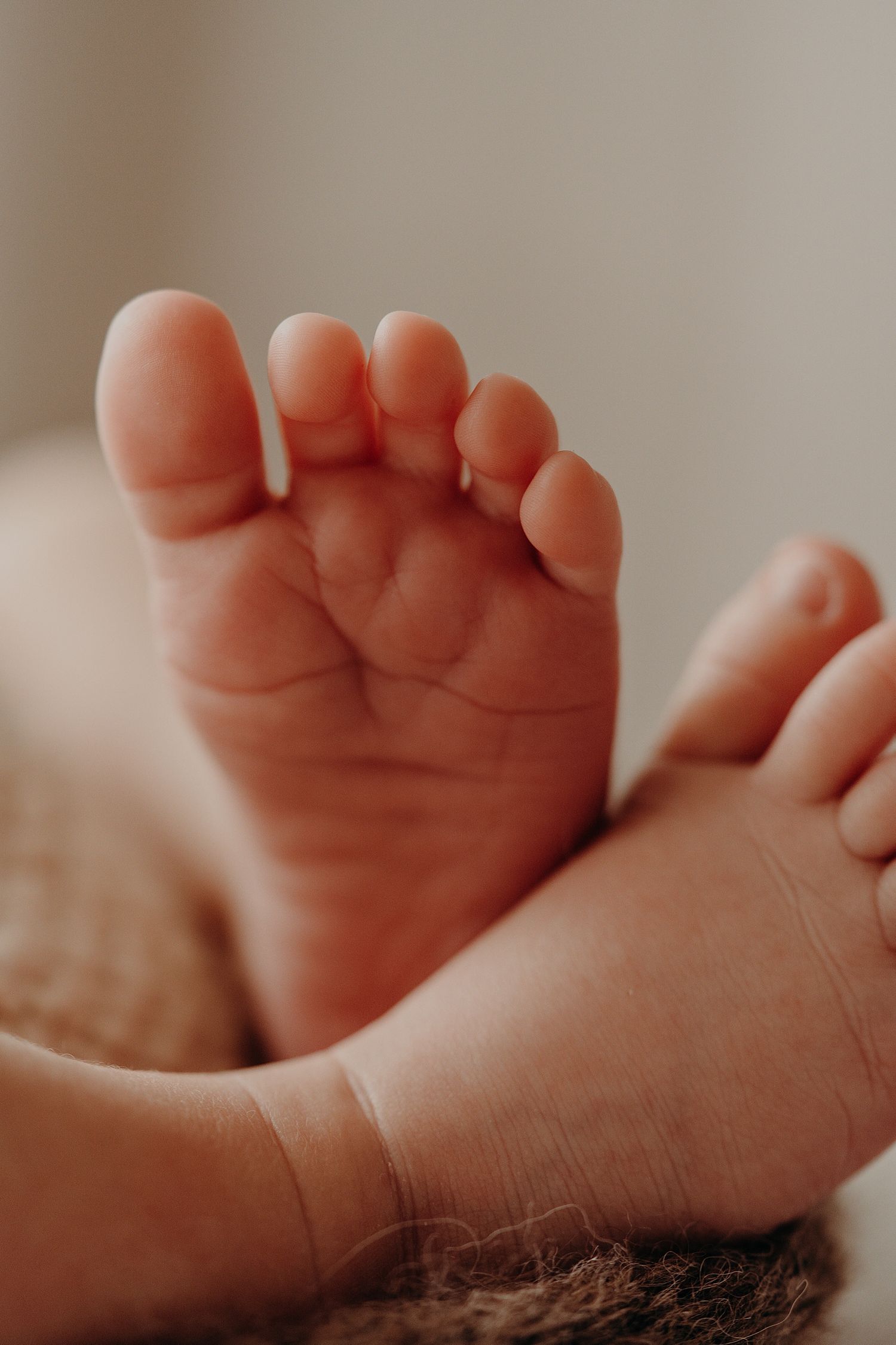 Close-up of tiny baby feet with delicate toes in warm lighting.