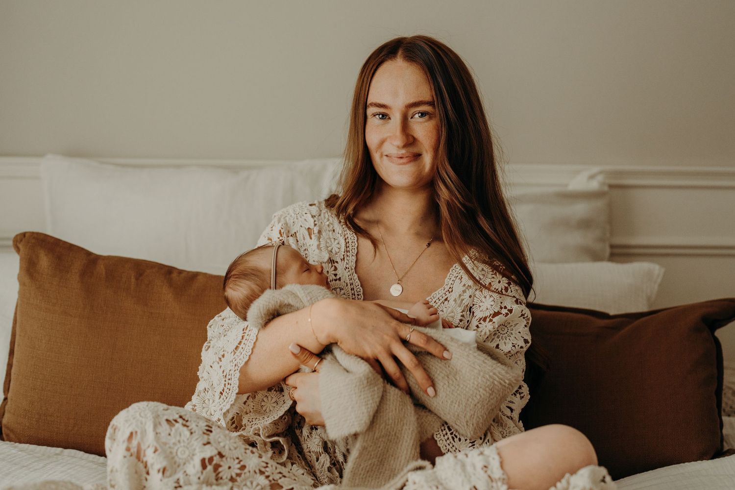 Cozy indoor lifestyle photos showing relaxed moments on a brown couch.