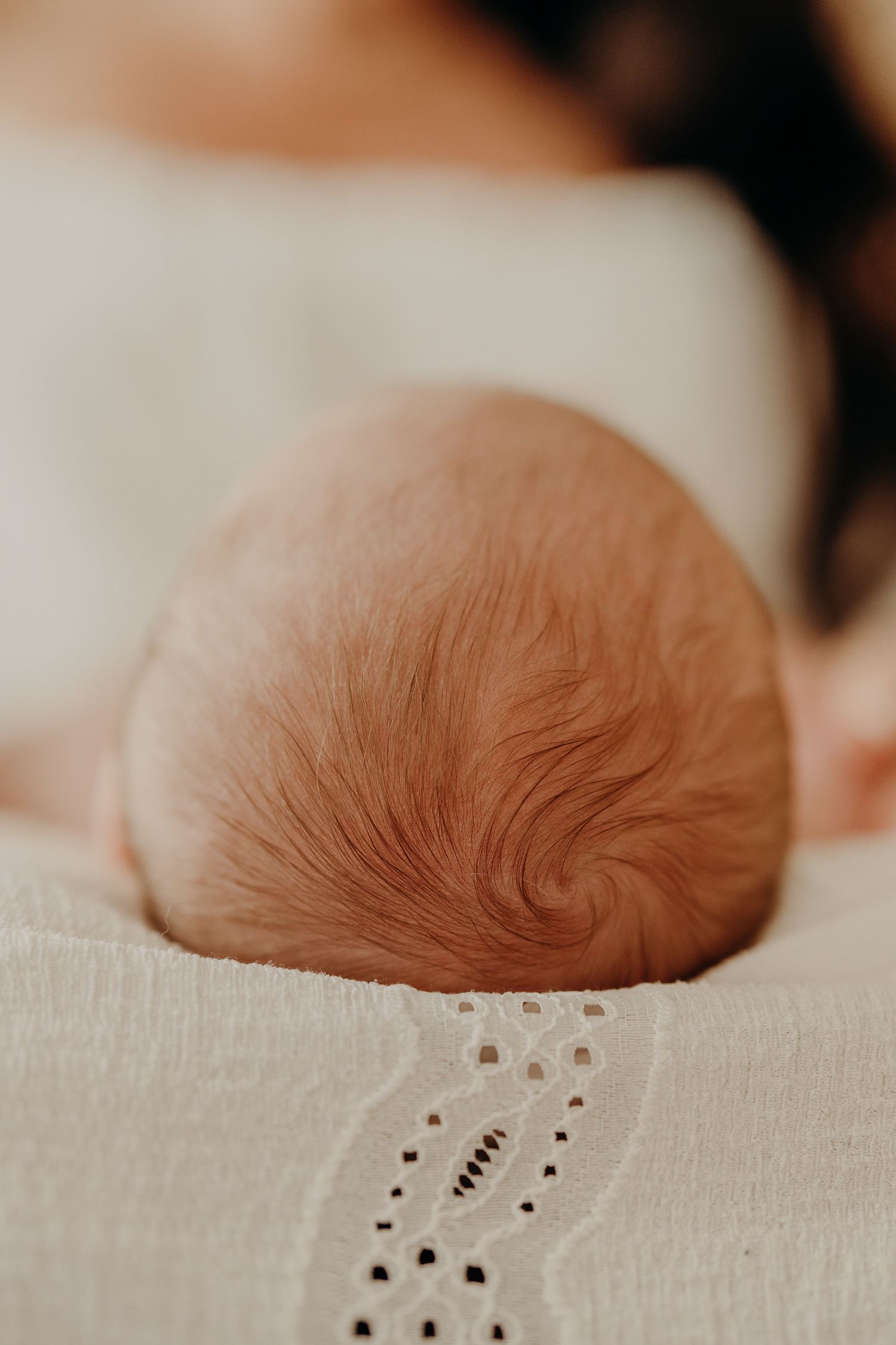 Soft focus image of newborn baby's head resting on embroidered white fabric.
