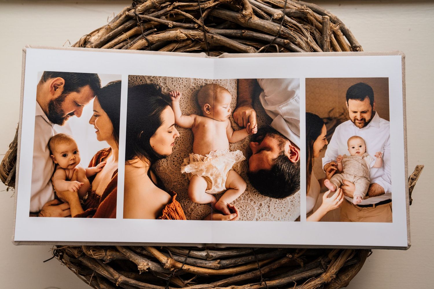 Photo album layout showing multiple connected images in panoramic display.