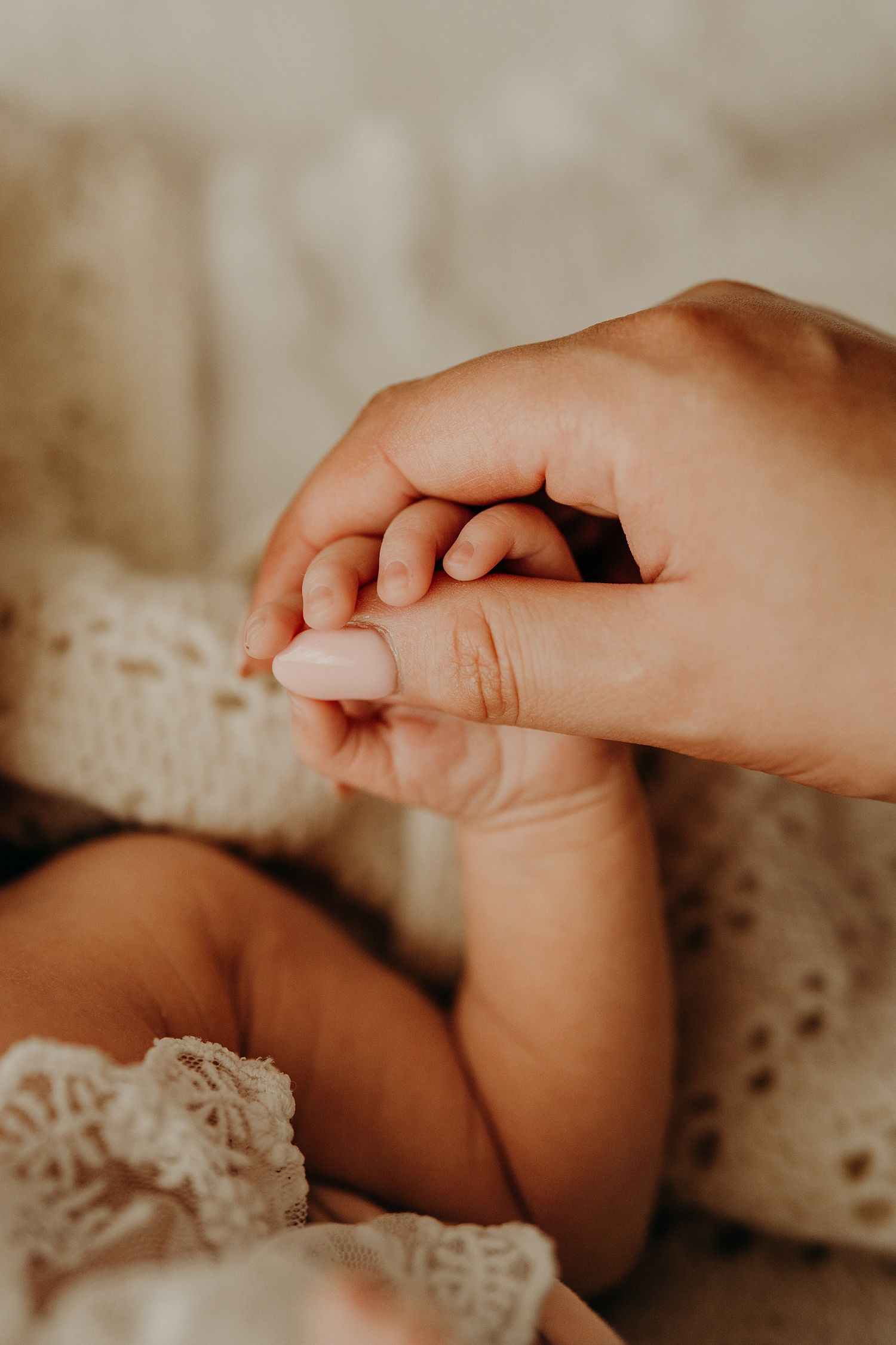 Gentle hands holding and touching tiny baby feet in soft natural light.