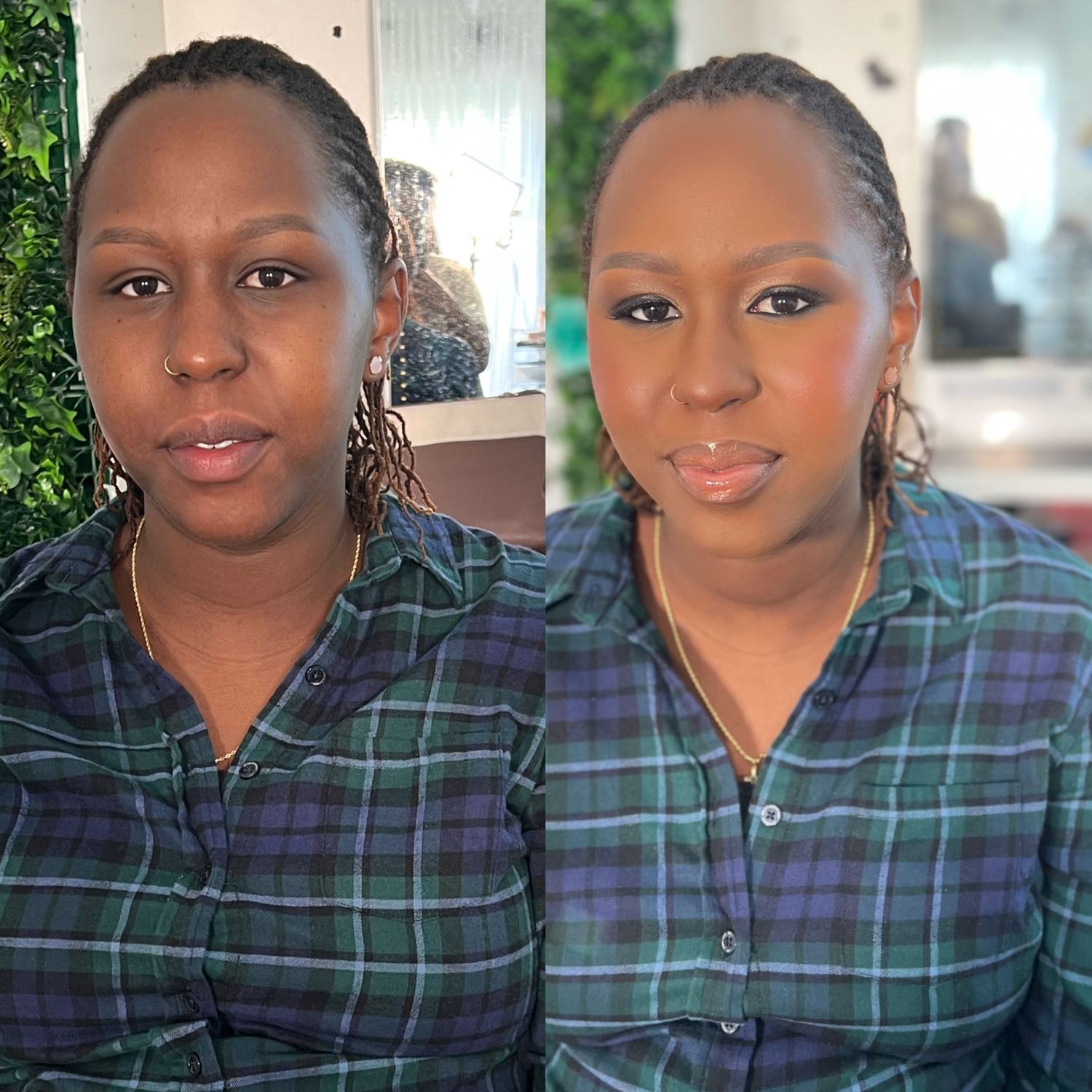 Before and after makeup transformation showing professional beauty application in plaid shirt.