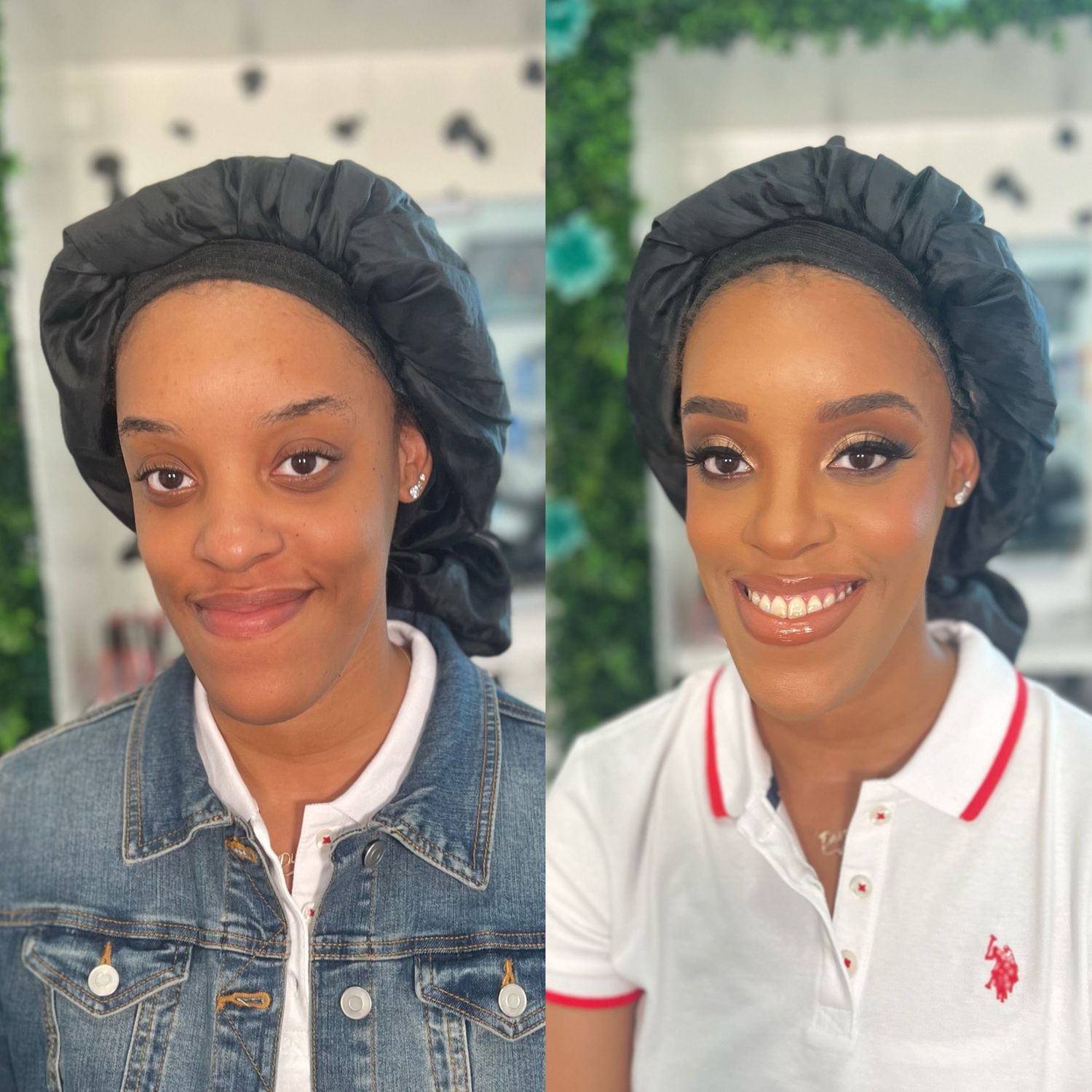 Series showing different angles of a polo shirt and denim jacket combination.