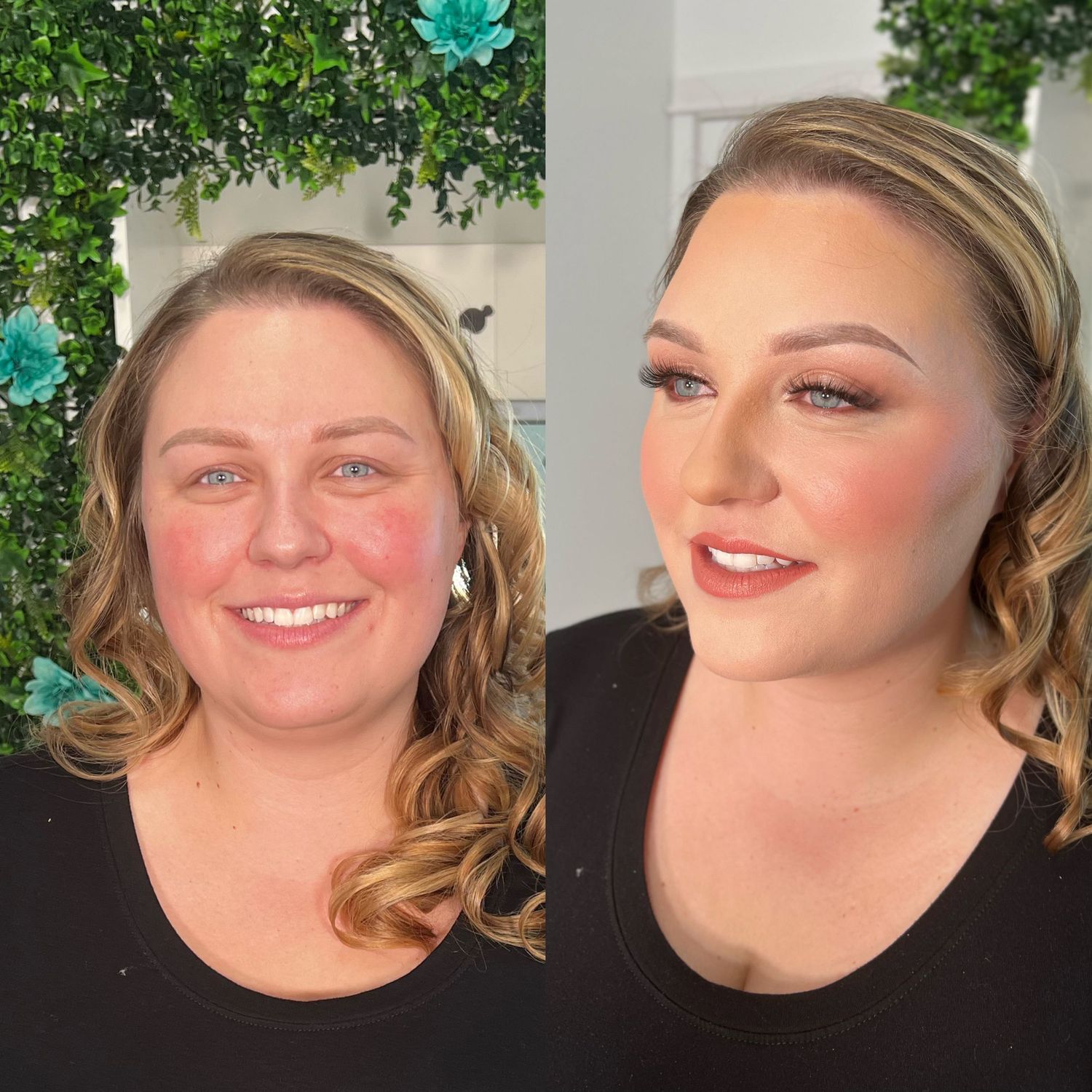 Multiple close-up beauty shots showing styled wavy hair and glamorous makeup.