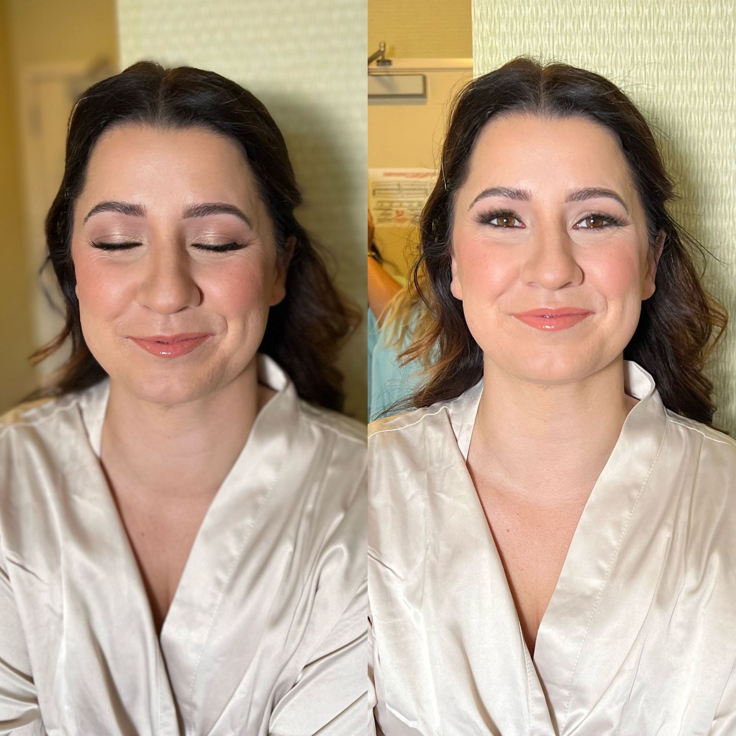 Multiple shots showing soft makeup looks while wearing a white satin robe.