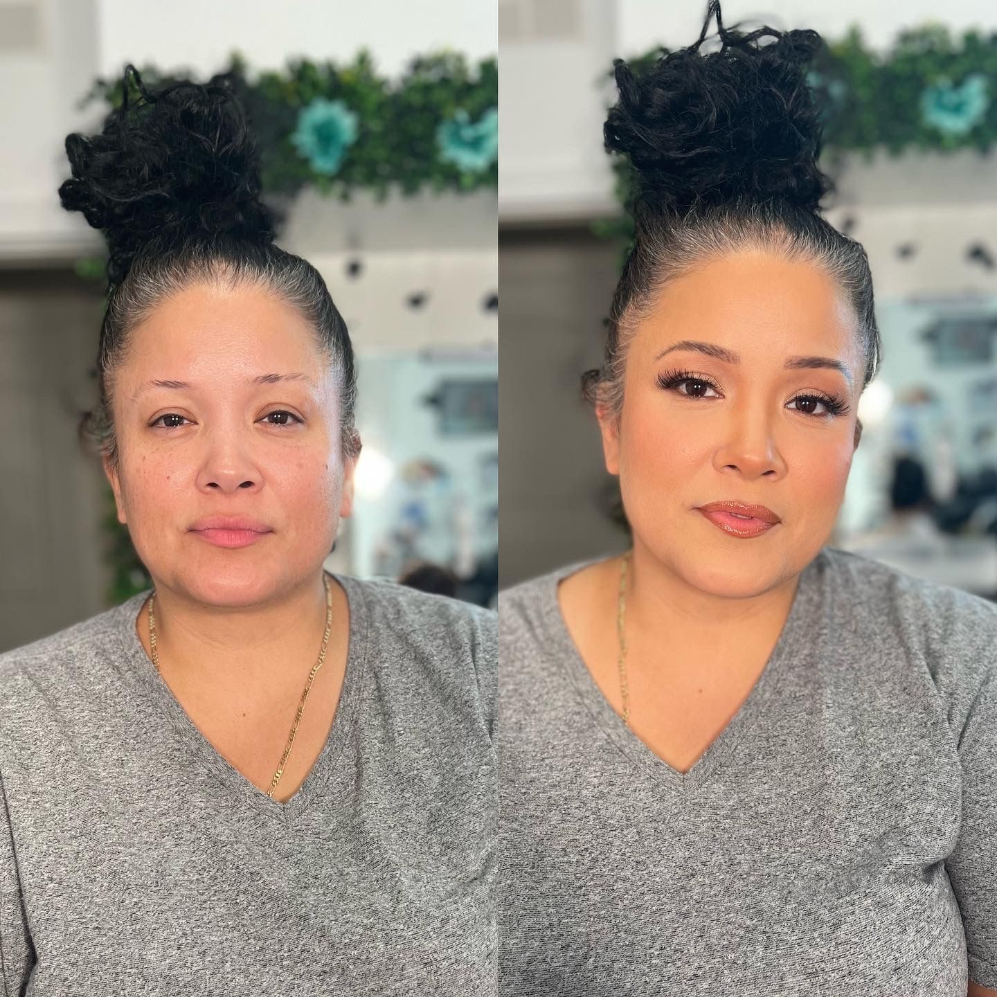 Before and after makeup transformation showing professional beauty application in gray top.