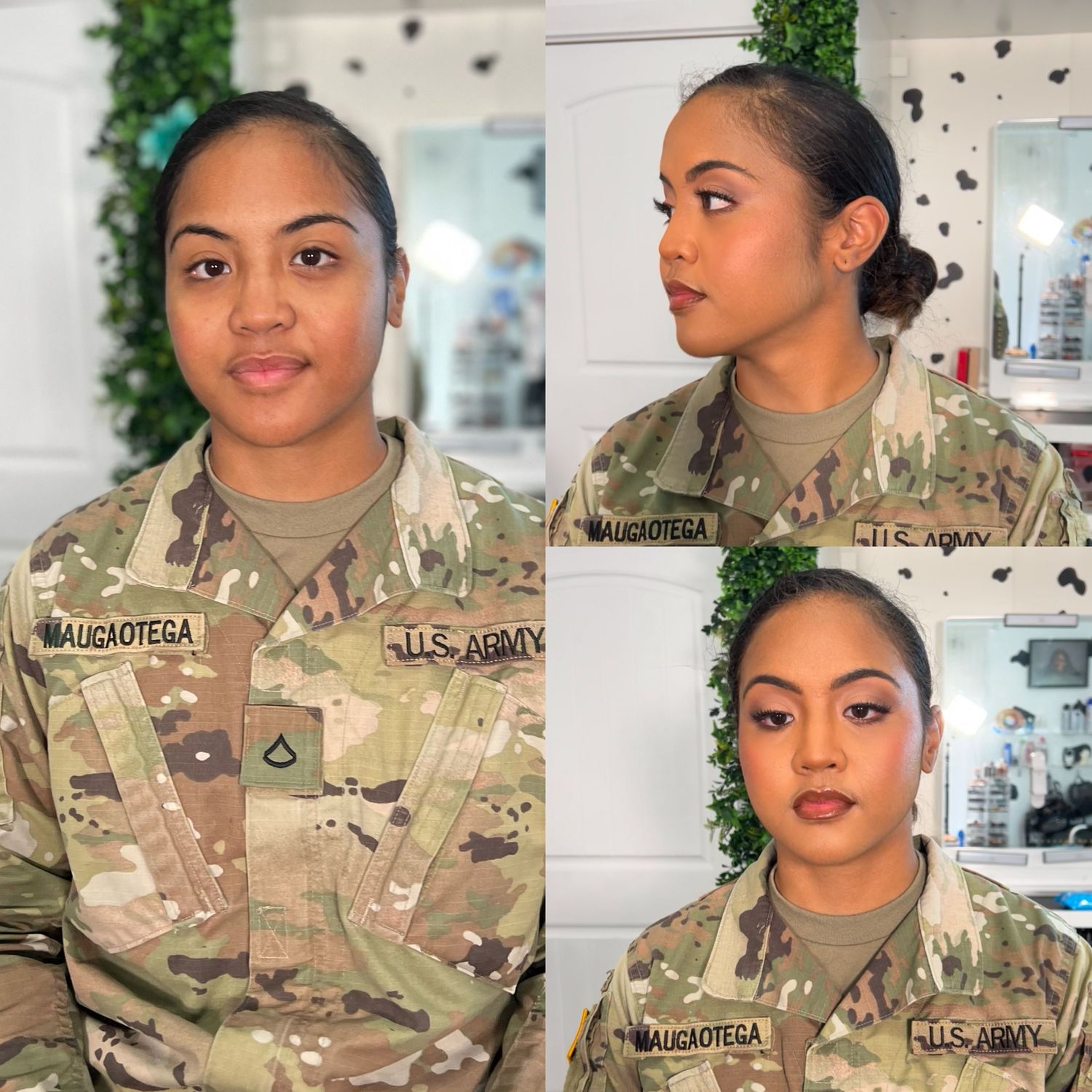 A series of selfies showing someone in military camouflage uniform against a light background.
