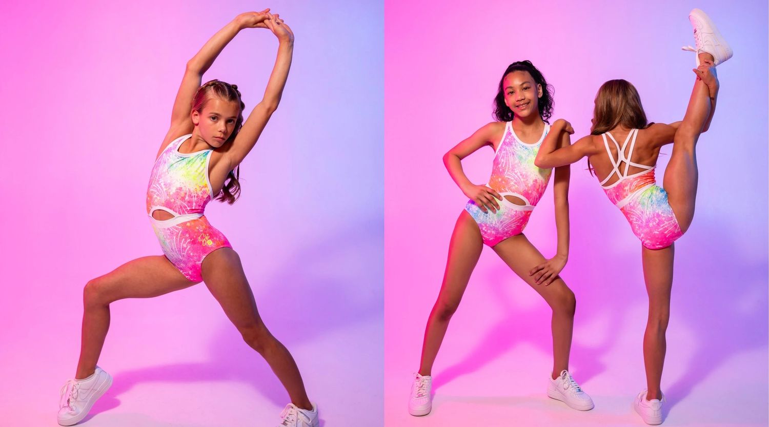 Series of dynamic dance poses shown in pink and purple lighting against a studio background.