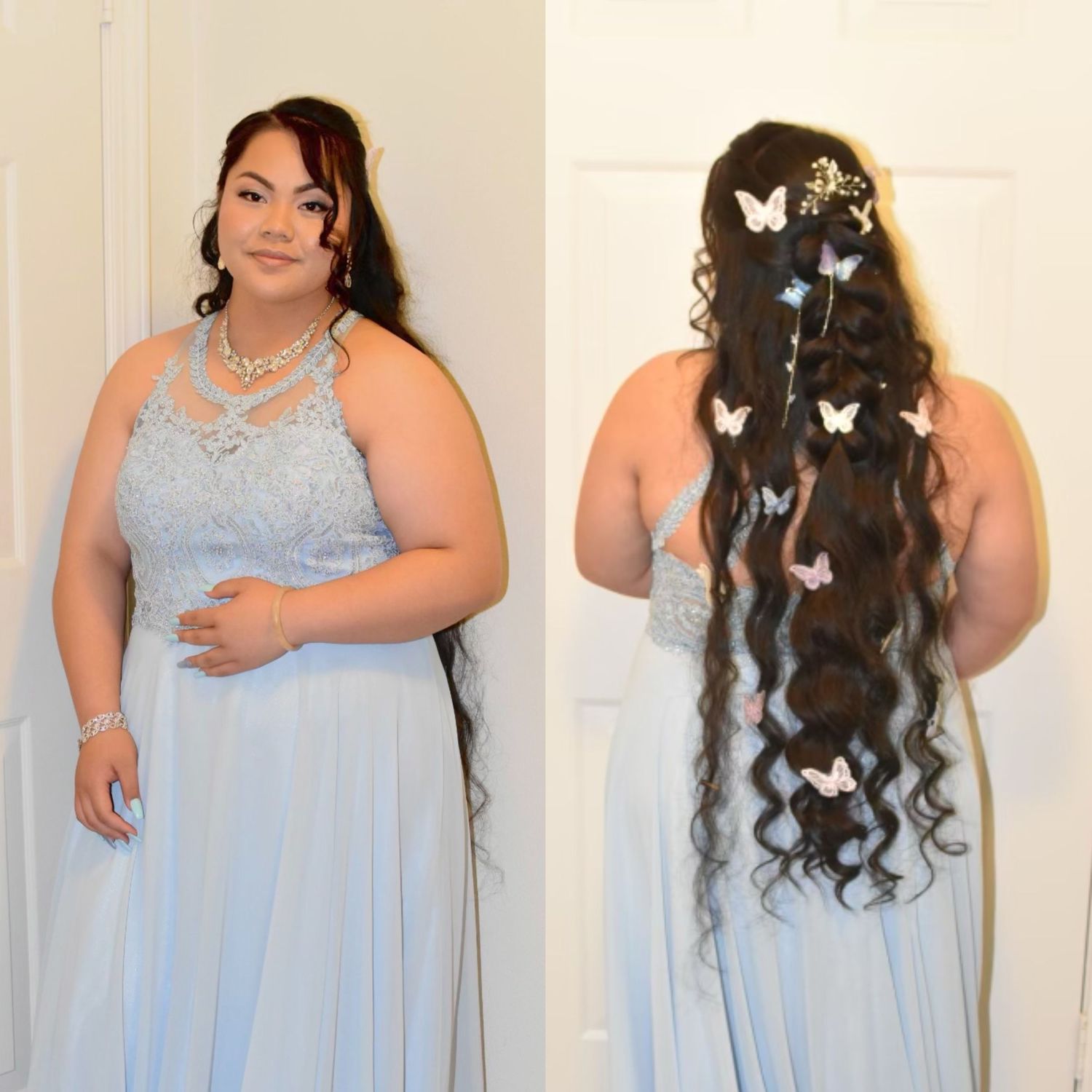 Multiple poses in a flowing light blue dress with long wavy hair decorated with small white flowers.