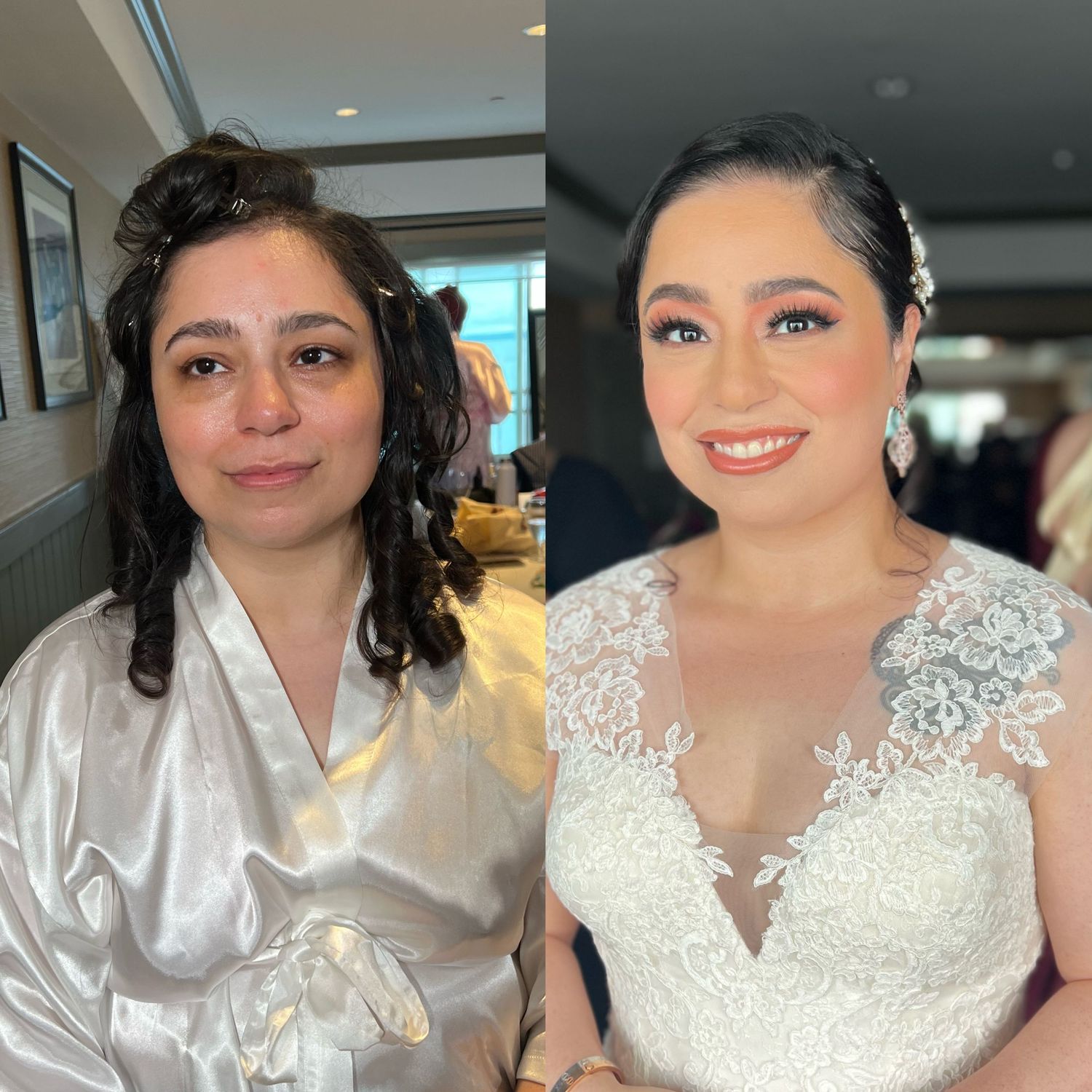 Series of bridal preparation photos featuring white lace details and satin robes.
