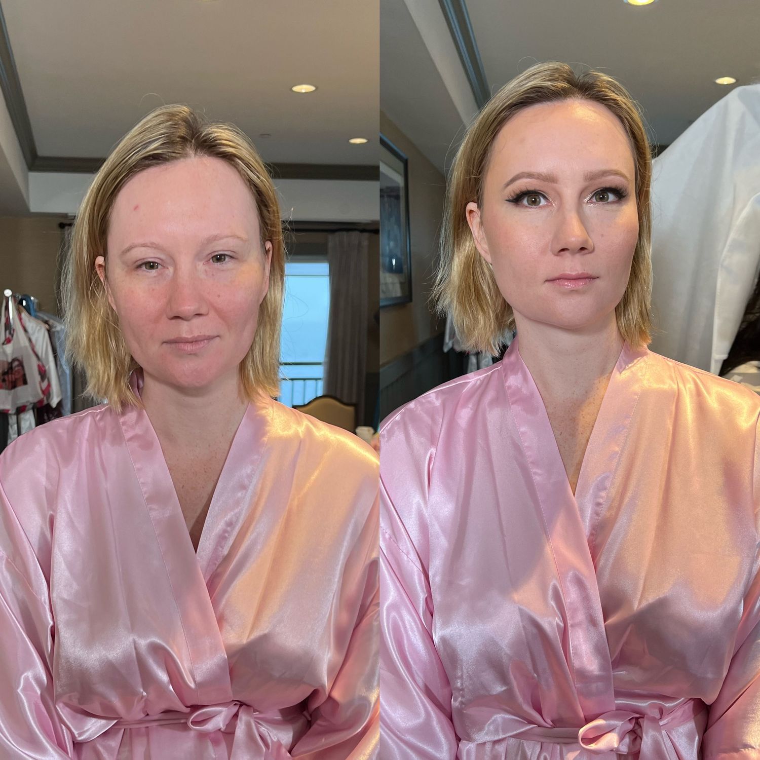 Multiple angles showing someone in a soft pink satin robe indoors.
