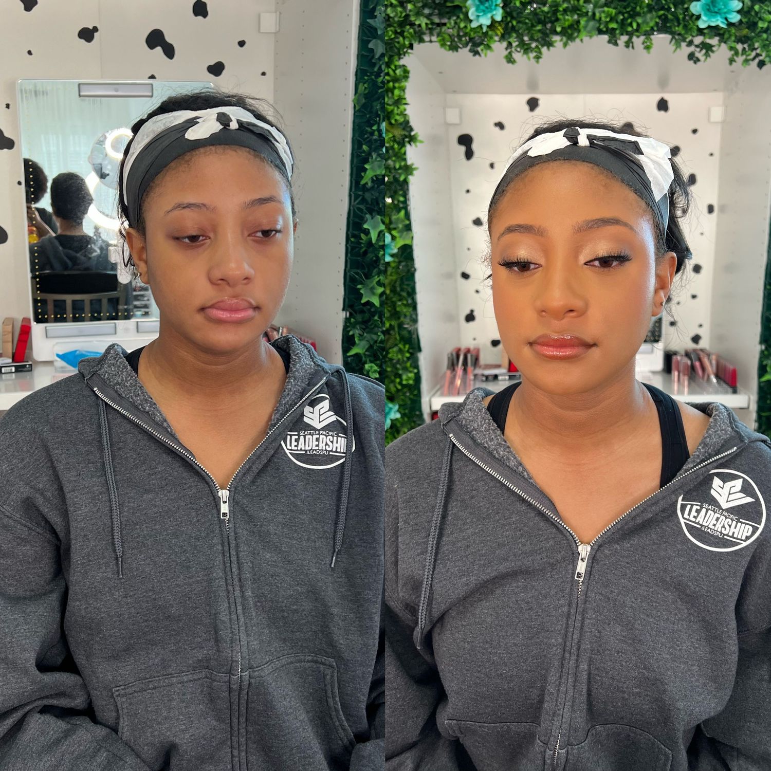 Multiple shots of someone wearing a grey zip-up hoodie with a baseball cap.