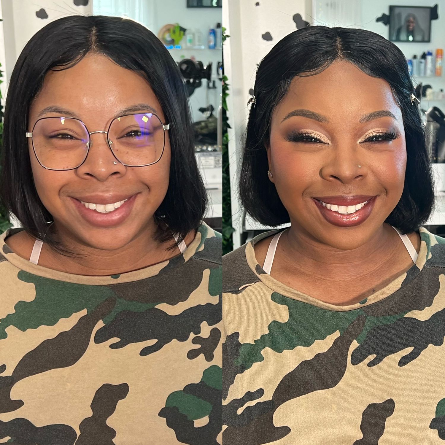 Before and after beauty transformation showing professional makeup and styling in camouflage print.