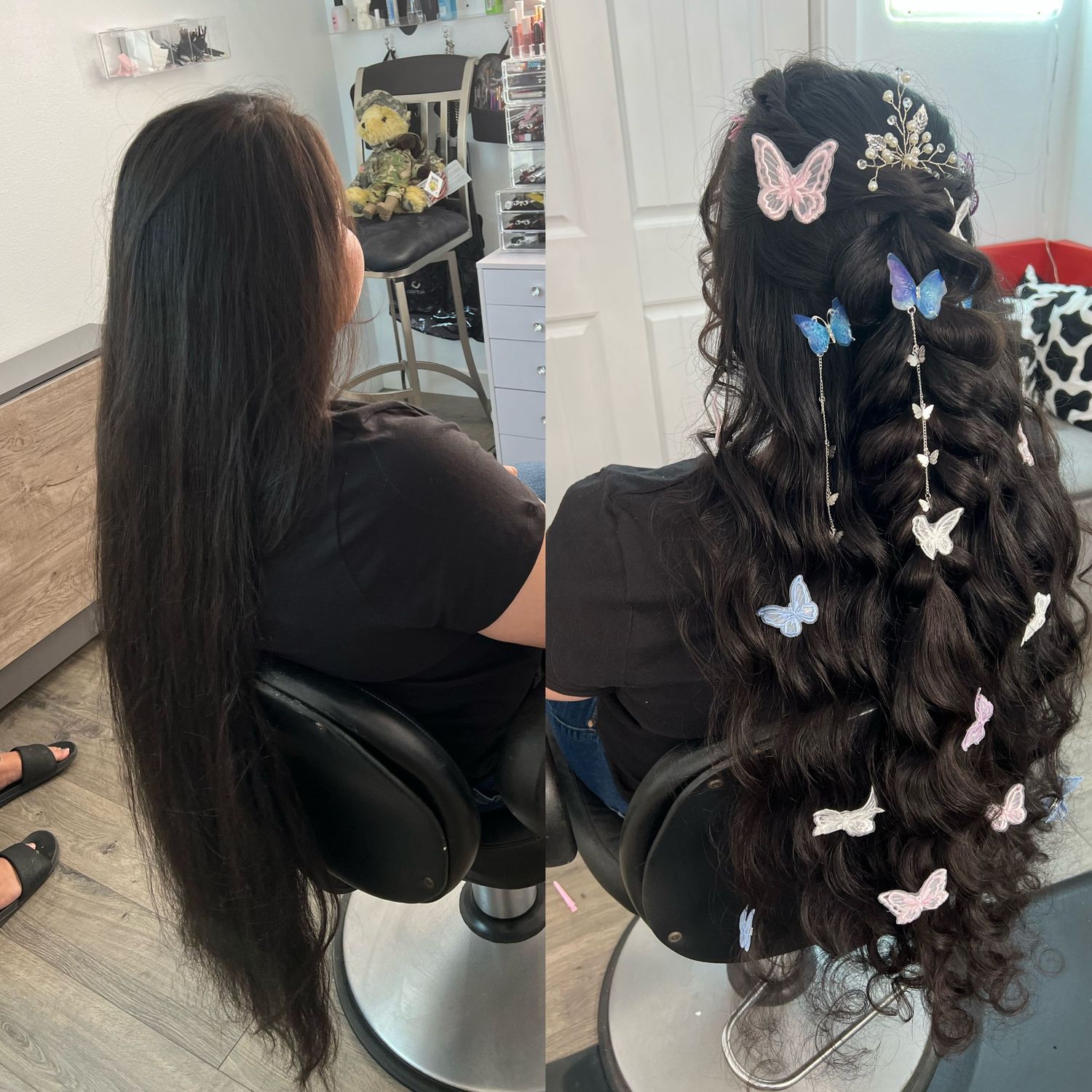 Black hair styled with decorative butterfly clips shown from multiple back angles.