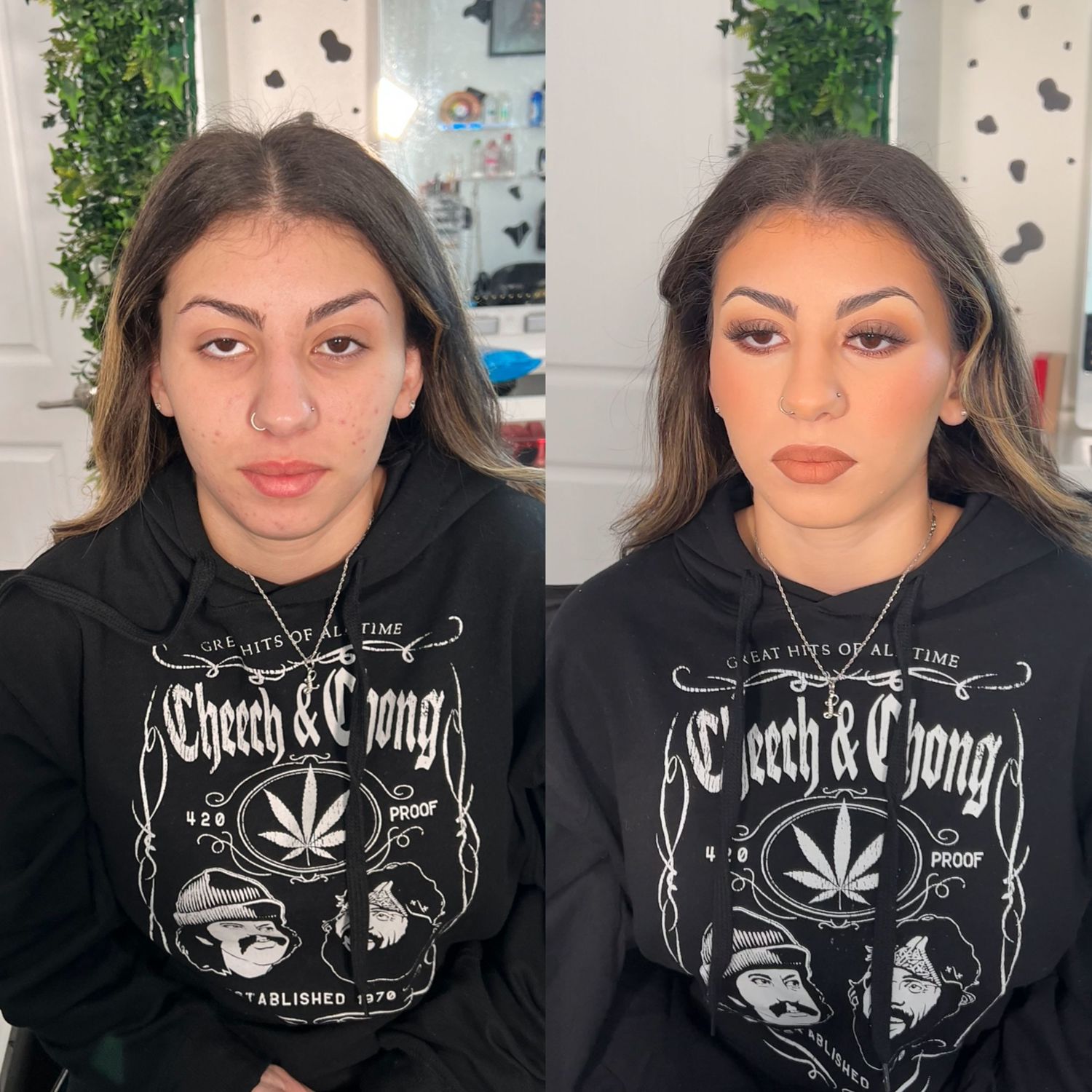 A sequence of photos showing someone in a black graphic t-shirt against a light background.