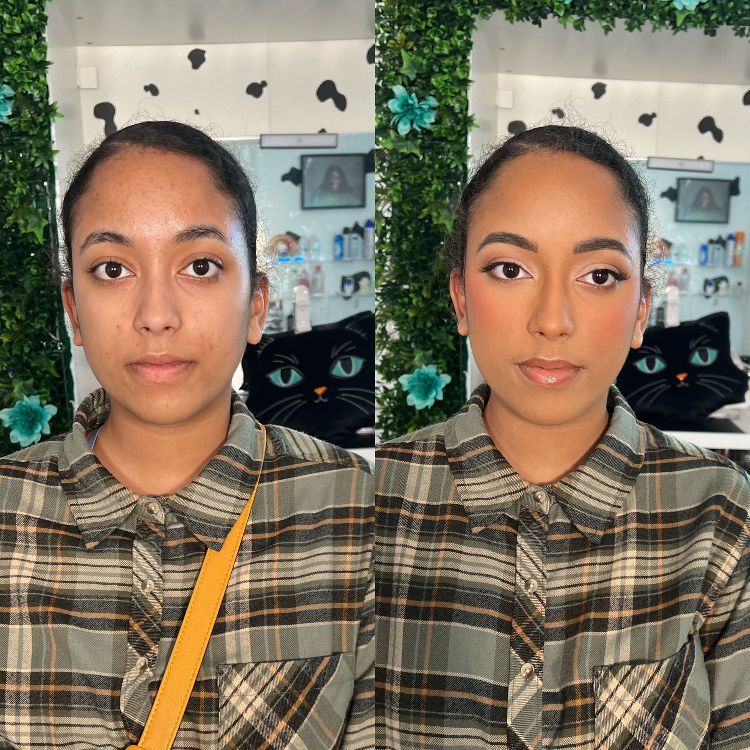 Multiple selfies of someone wearing a plaid flannel shirt while holding a yellow straw.
