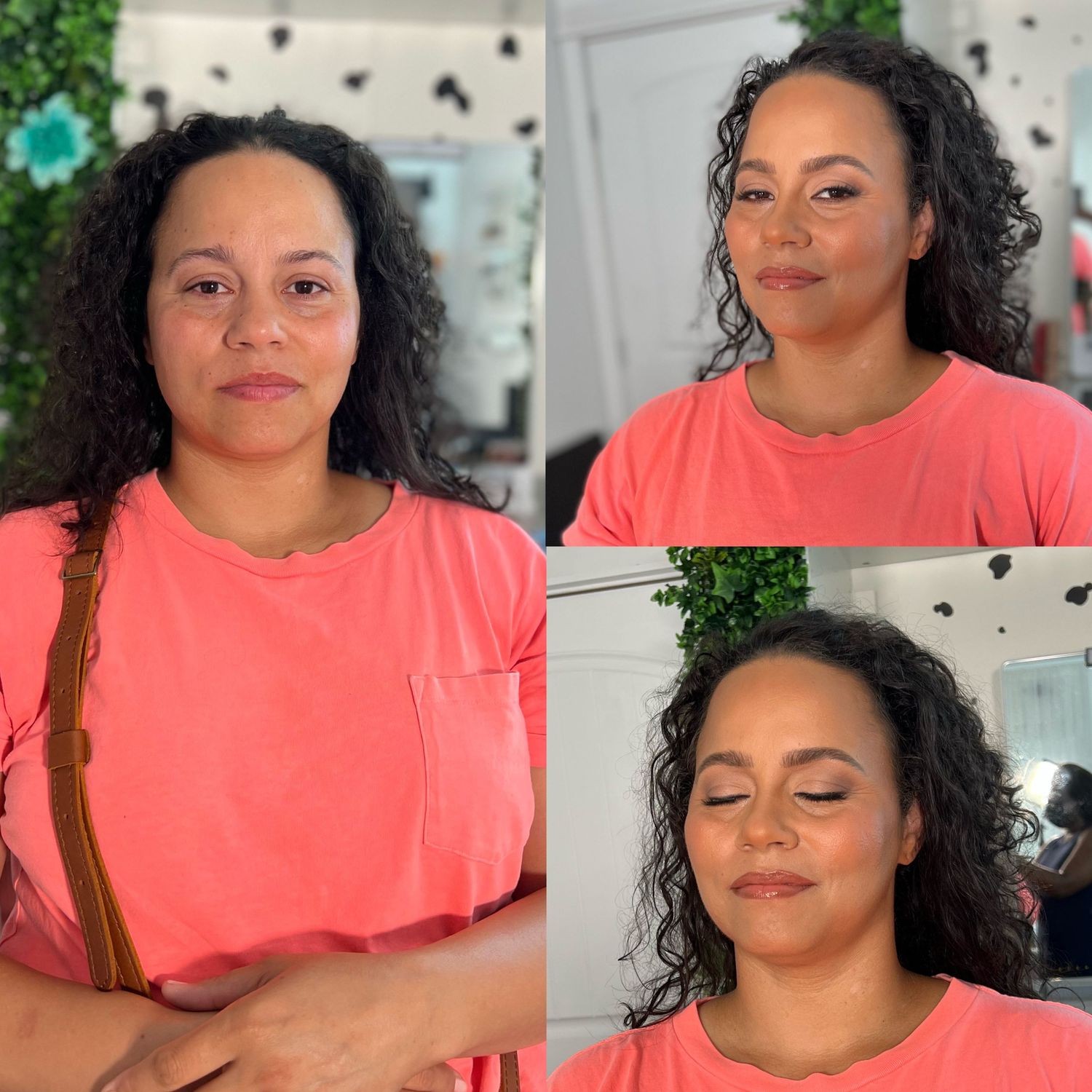 A series of photos showing someone wearing a bright coral colored top against a light background.