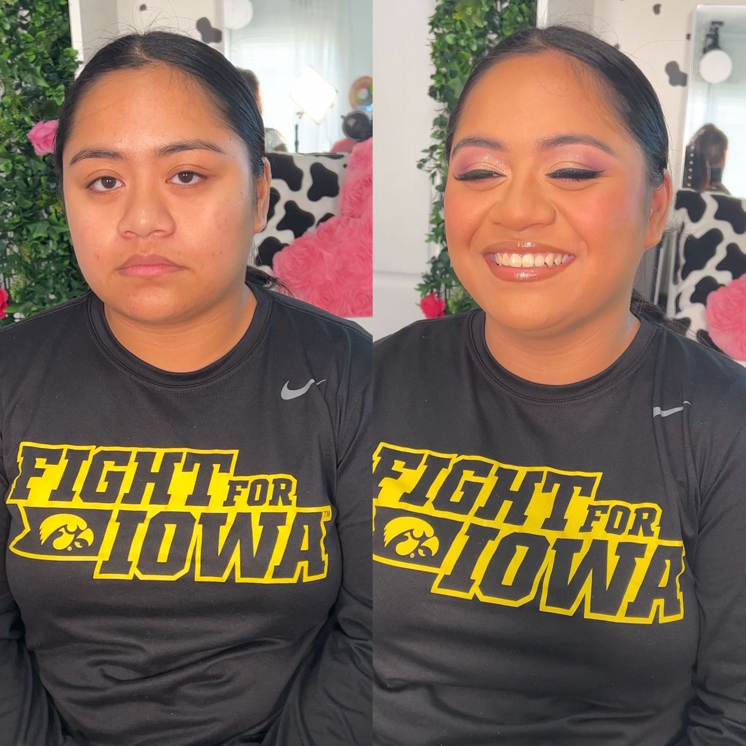 A series of photos wearing black Iowa Hawkeyes 'Fight for Iowa' t-shirts.