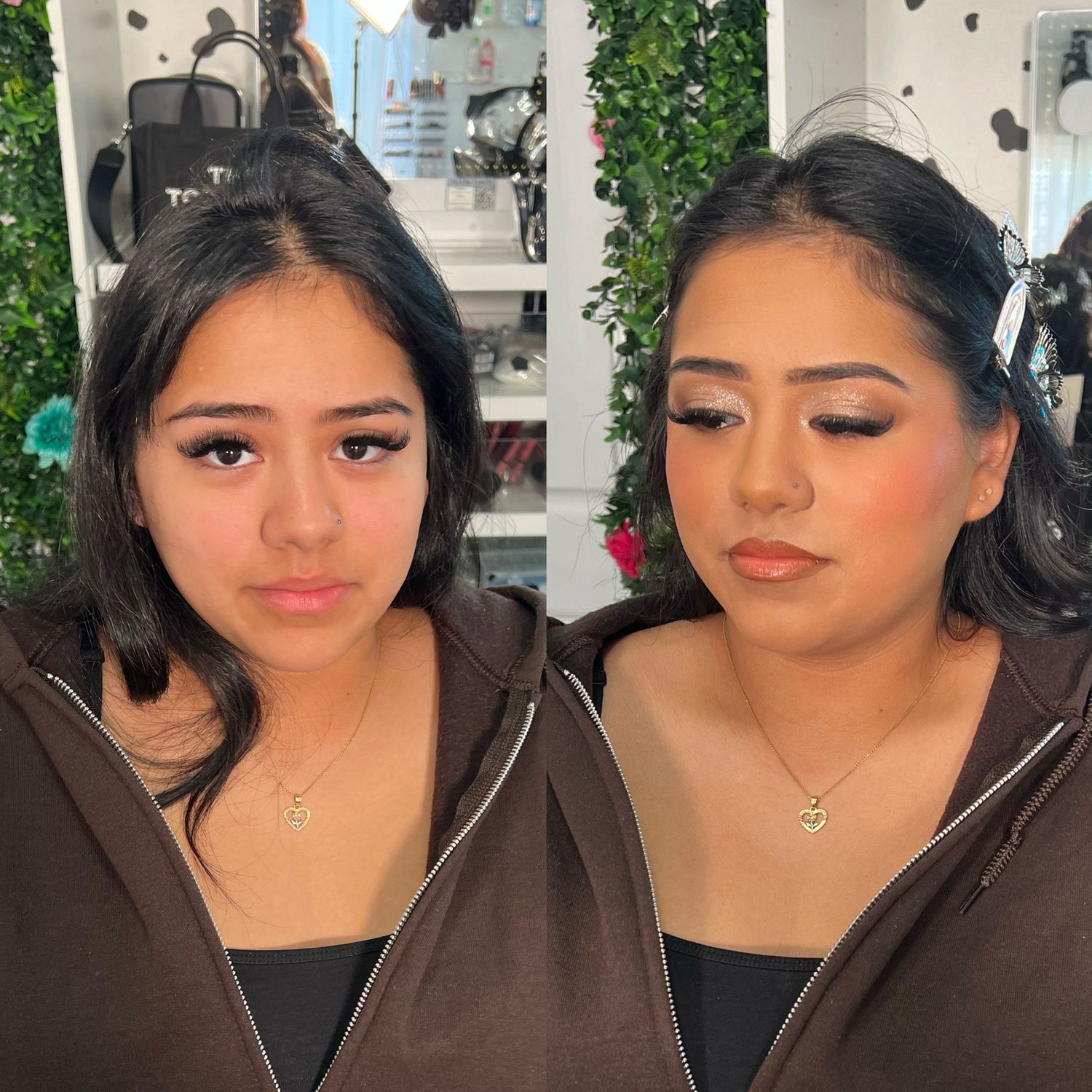 Sequence of close-up shots wearing a brown zip-up jacket with delicate necklace.