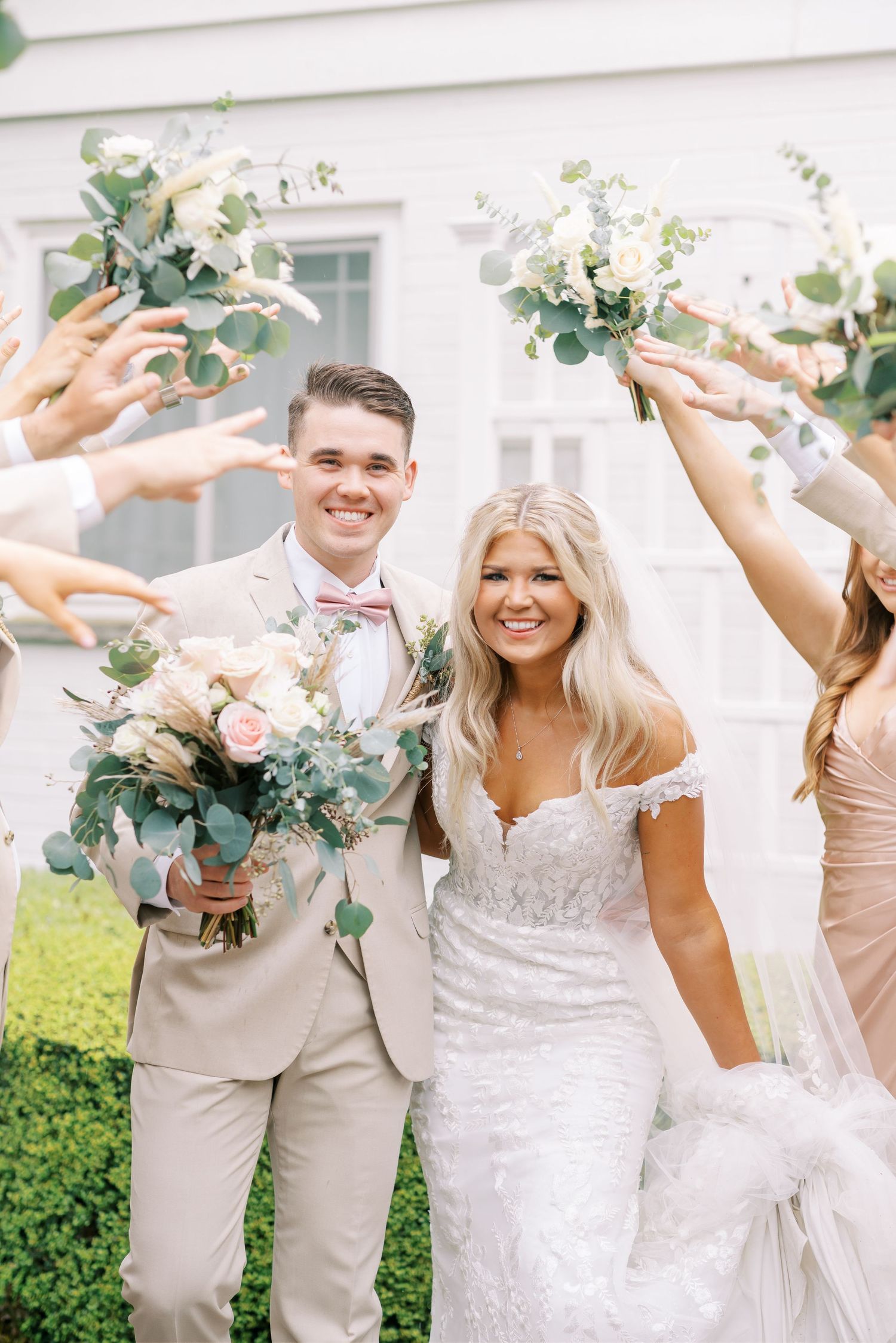 Candid celebration shots of wedding party in neutral tones with floral bouquets.