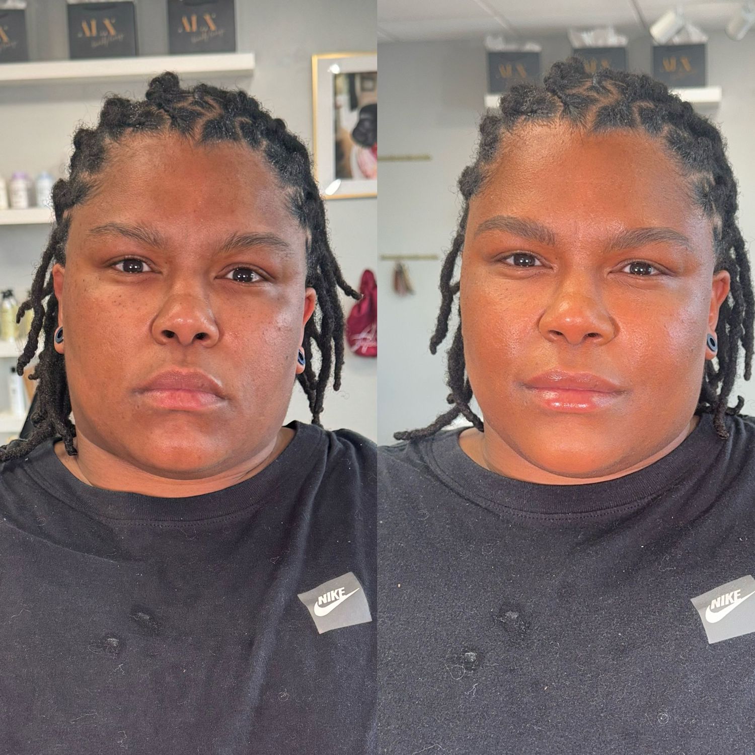 Before and after beauty transformation showing professional makeup application in black attire.