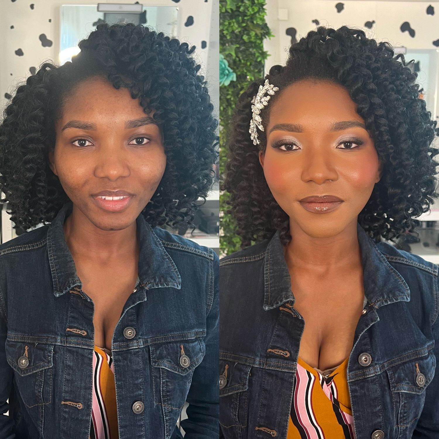 Series of photos showing a denim jacket styled with curly hair and colorful top.