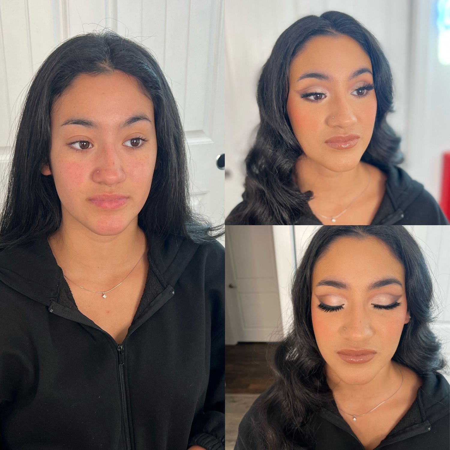A collection of portraits showing different angles in a black top with elegant makeup.