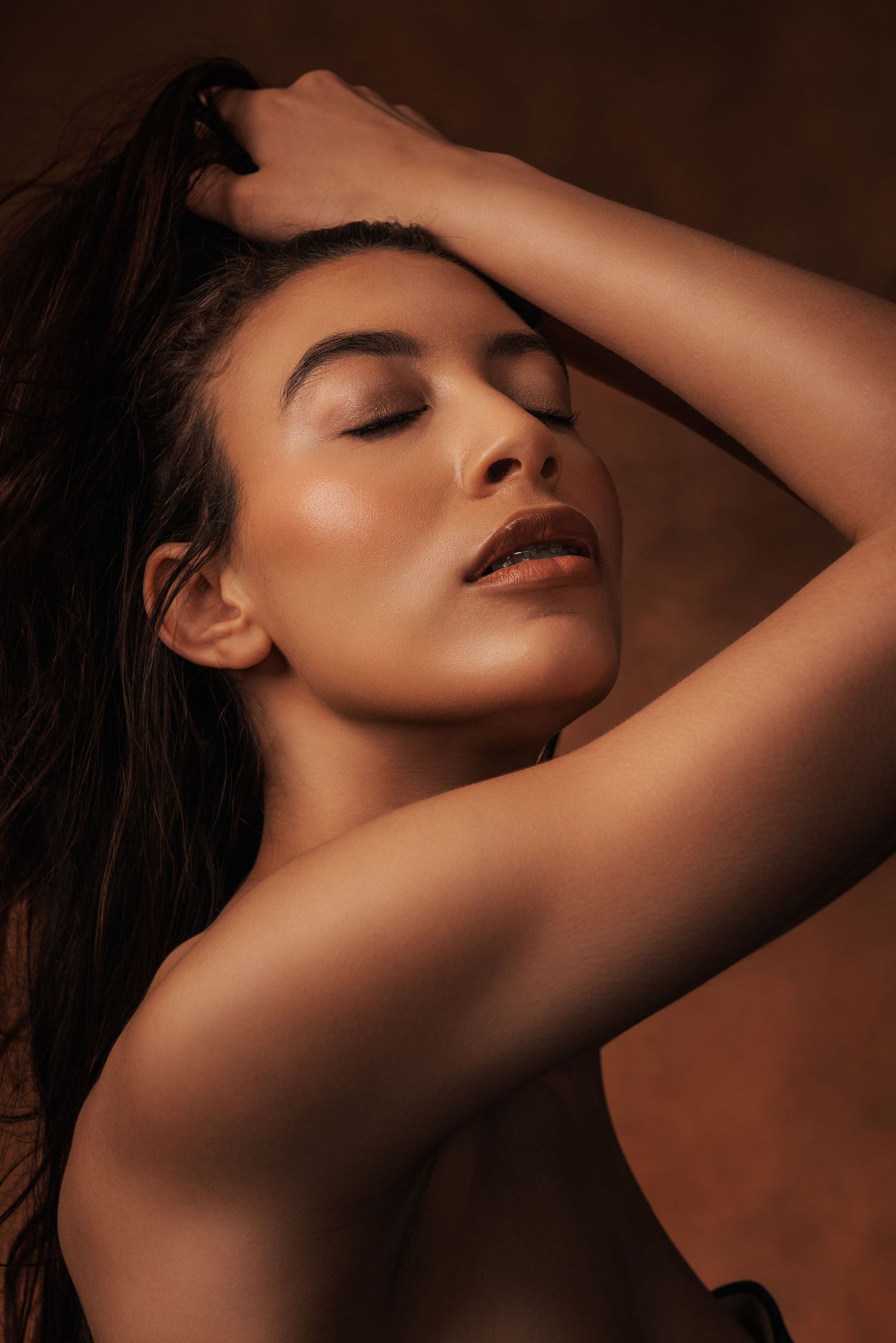 Dramatic beauty portrait series with moody lighting and warm brown tones.
