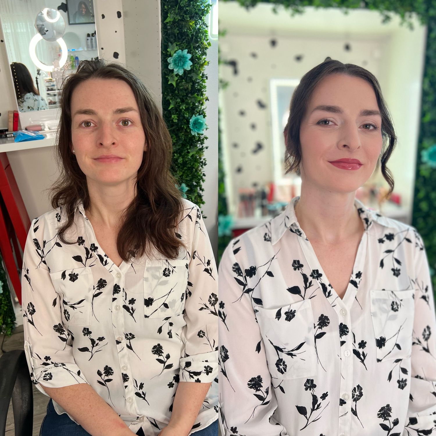 Multiple photos of someone wearing a white floral print blouse in front of a wall with greenery.