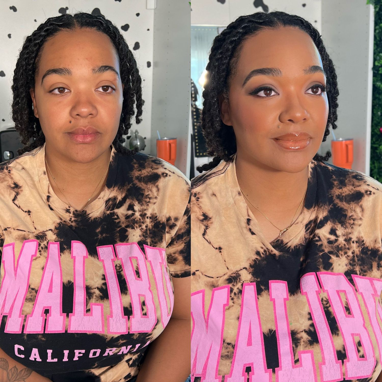 Multiple selfies of someone wearing a tie-dye shirt with pink text overlay.