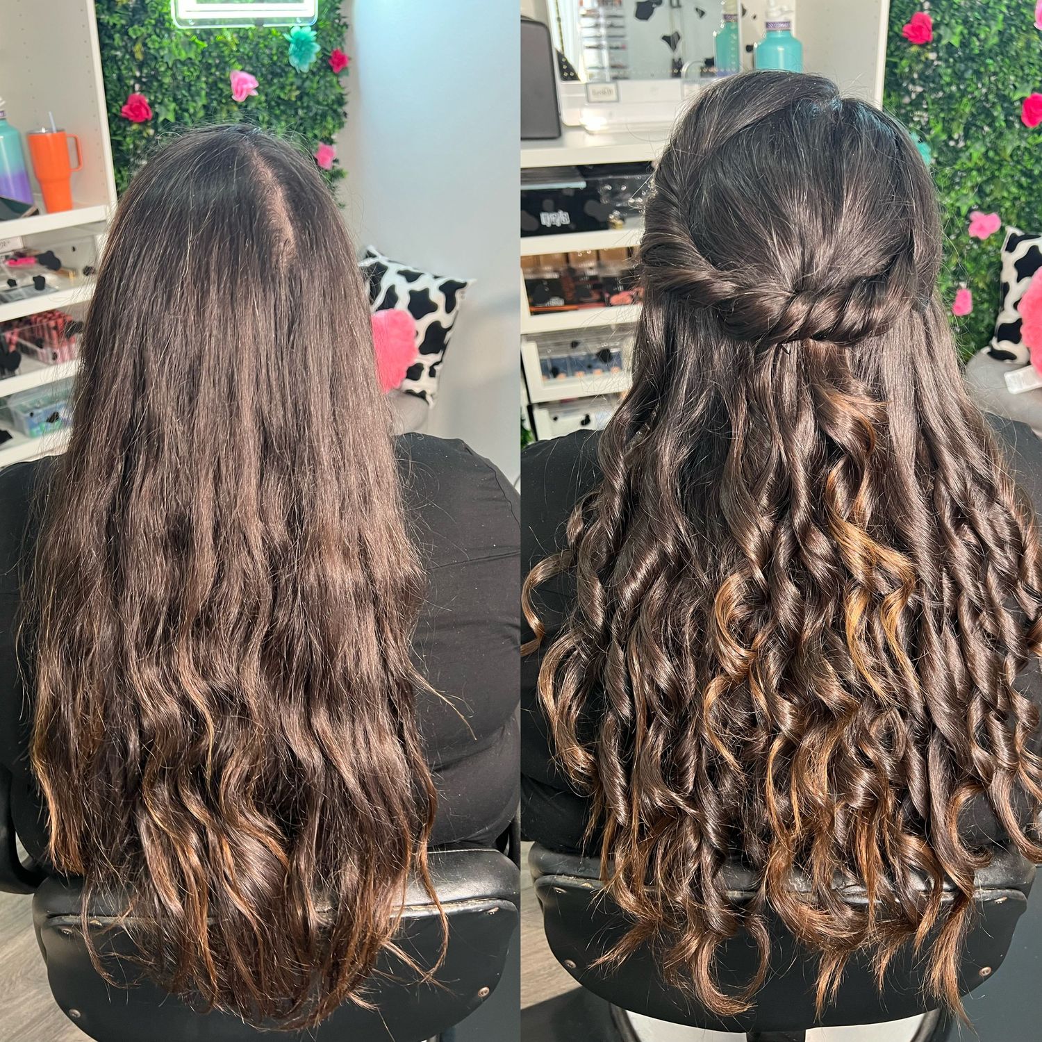 Close-up shots of long wavy brown hair with caramel highlights styled in various ways.