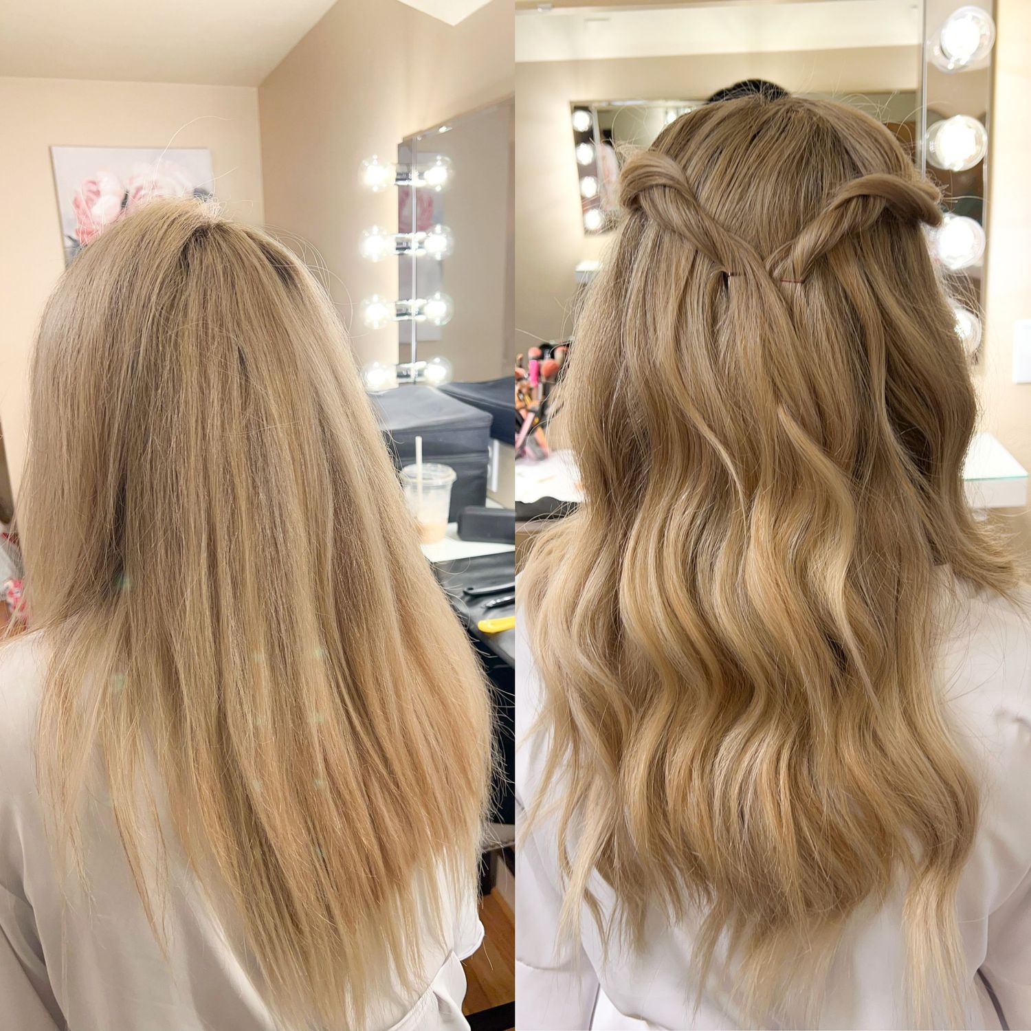 Progressive shots of blonde layered hair styled in a modern cut from different angles.