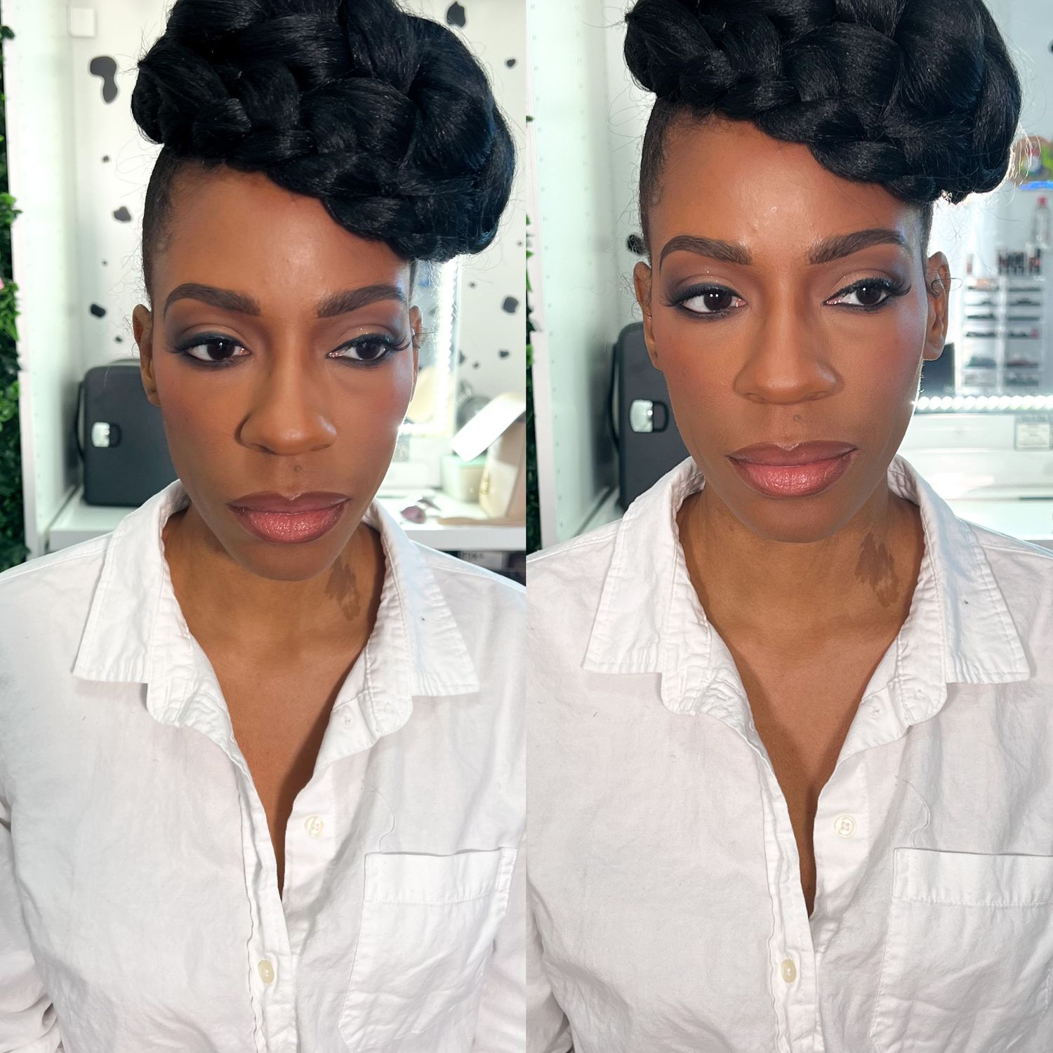 Collection of portraits featuring a white button-down shirt and black hair accessory.