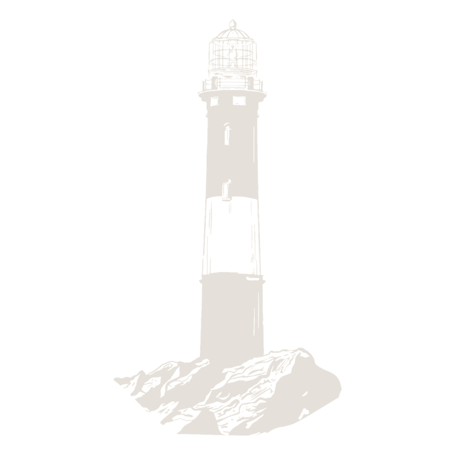 A faded gray lighthouse illustration standing on rocky terrain, symbolizing guidance and maritime navigation.