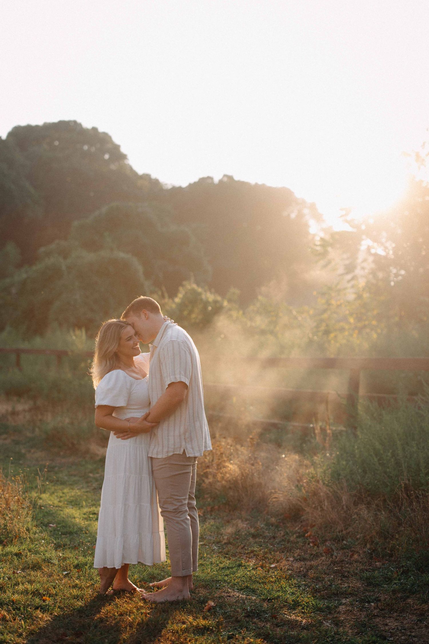 Couple sharing an intimate moment in a sun-drenched field, surrounded by warm golden light and trees.