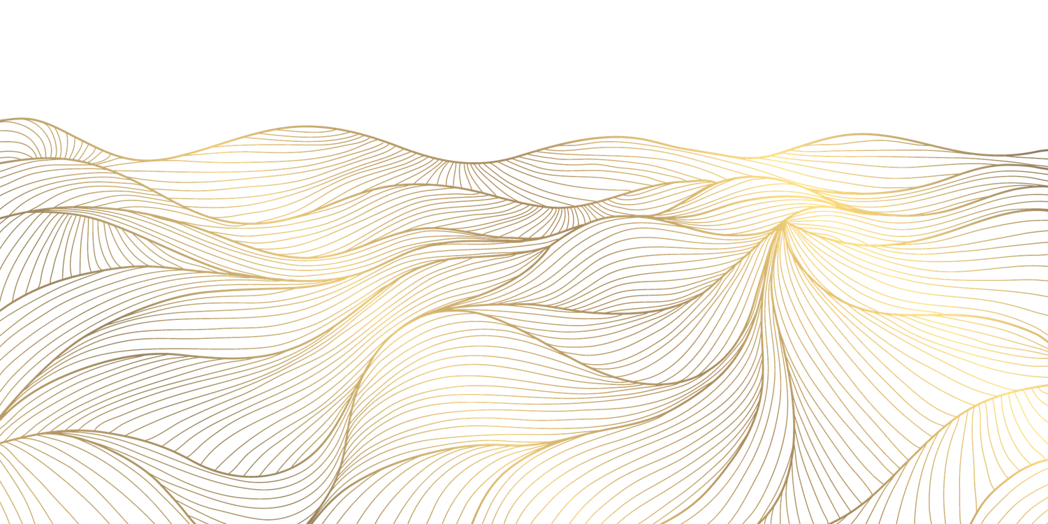 Elegant gold and beige flowing wave line art pattern on white background.